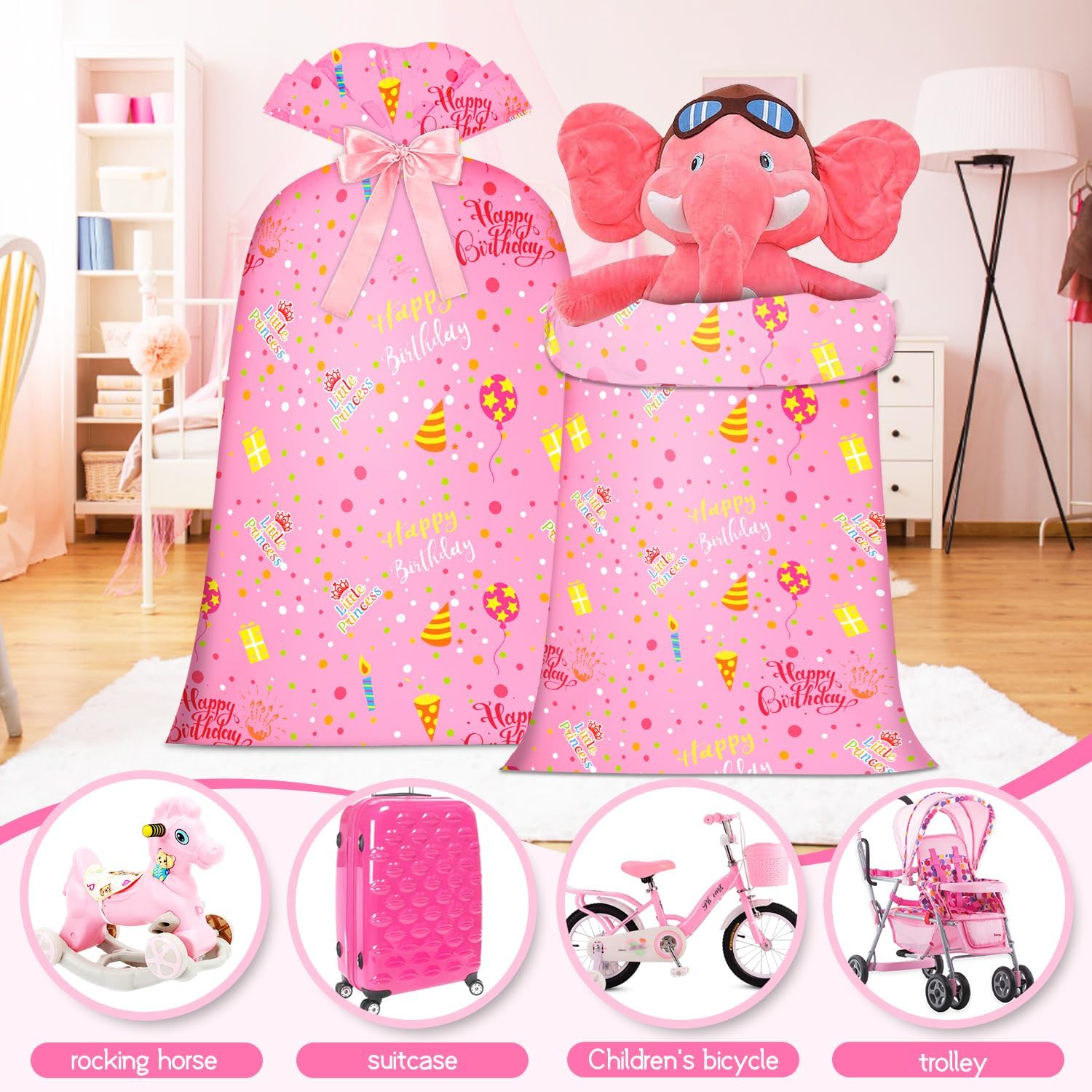 Extra Large Gift Bag Girl Birthday Jumbo Gift Bag, Bday Pink Giant Plastic Oversized Gift Bag Huge Gift Wrap Bag Birthday Bag Wrapping Bag for Large Gift 48inch 1Pack