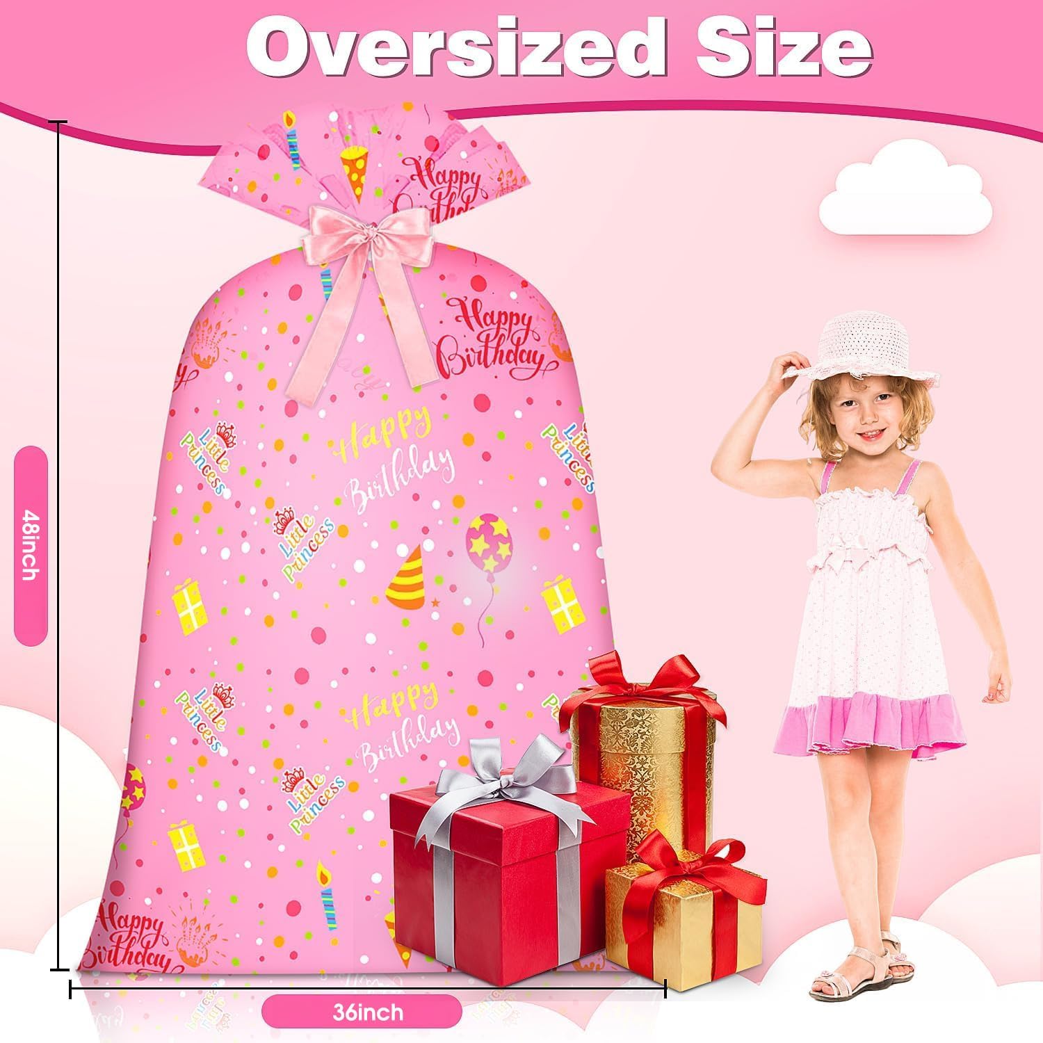 Extra Large Gift Bag Girl Birthday Jumbo Gift Bag, Bday Pink Giant Plastic Oversized Gift Bag Huge Gift Wrap Bag Birthday Bag Wrapping Bag for Large Gift 48inch 1Pack