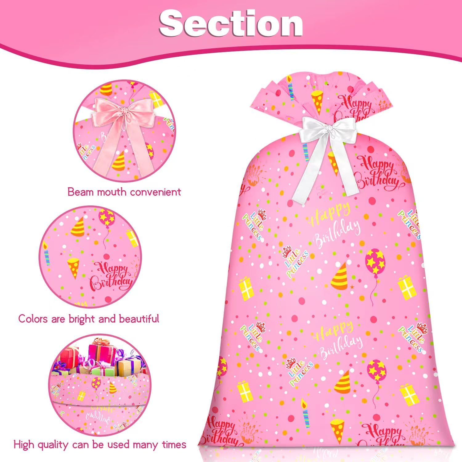 Extra Large Gift Bag Girl Birthday Jumbo Gift Bag, Bday Pink Giant Plastic Oversized Gift Bag Huge Gift Wrap Bag Birthday Bag Wrapping Bag for Large Gift 48inch 1Pack