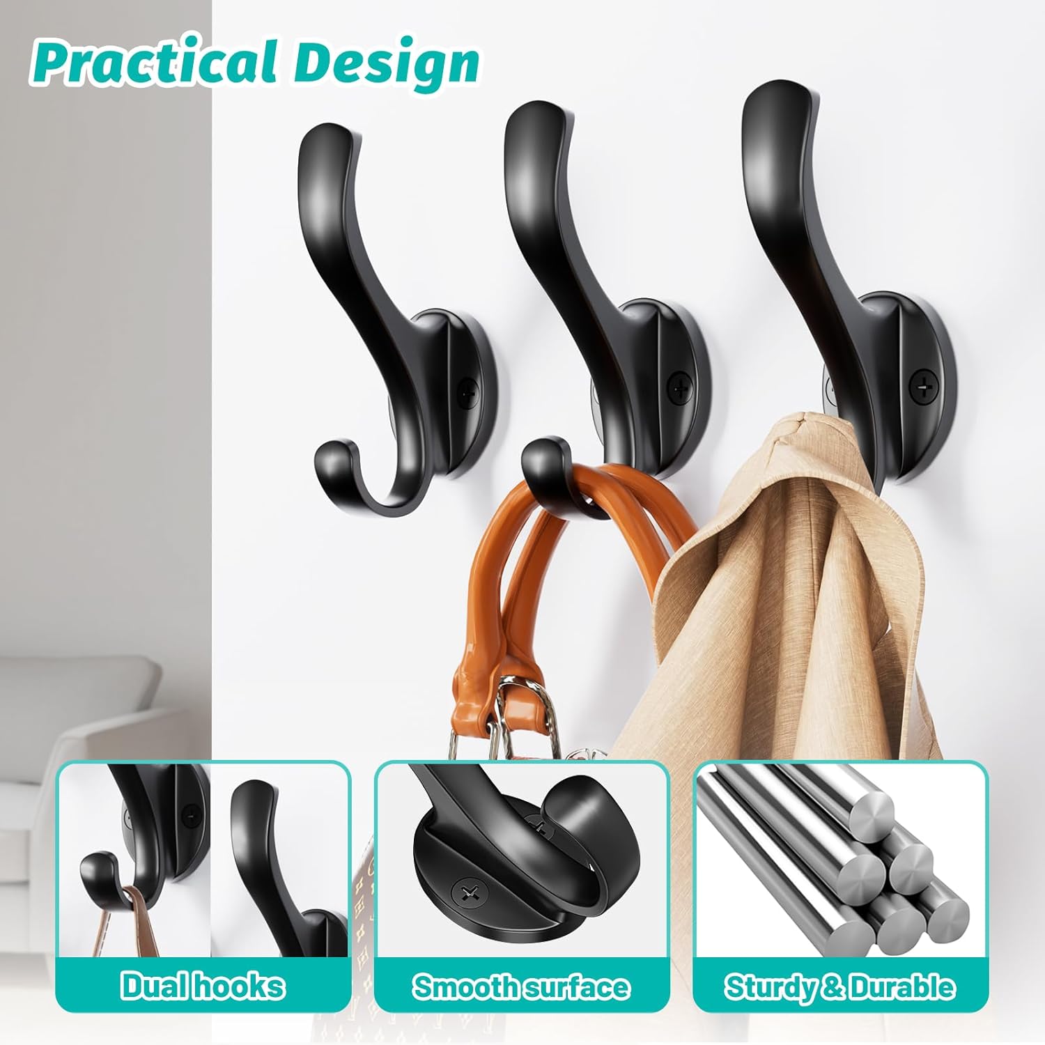 Coat Hooks Heavy Duty - Wall Mount Metal Towel Hooks Screw-in Wall Hooks for Hanging Hat, Towel, Key, Robe, Scarf, Bag, Cap 6 PCS Black