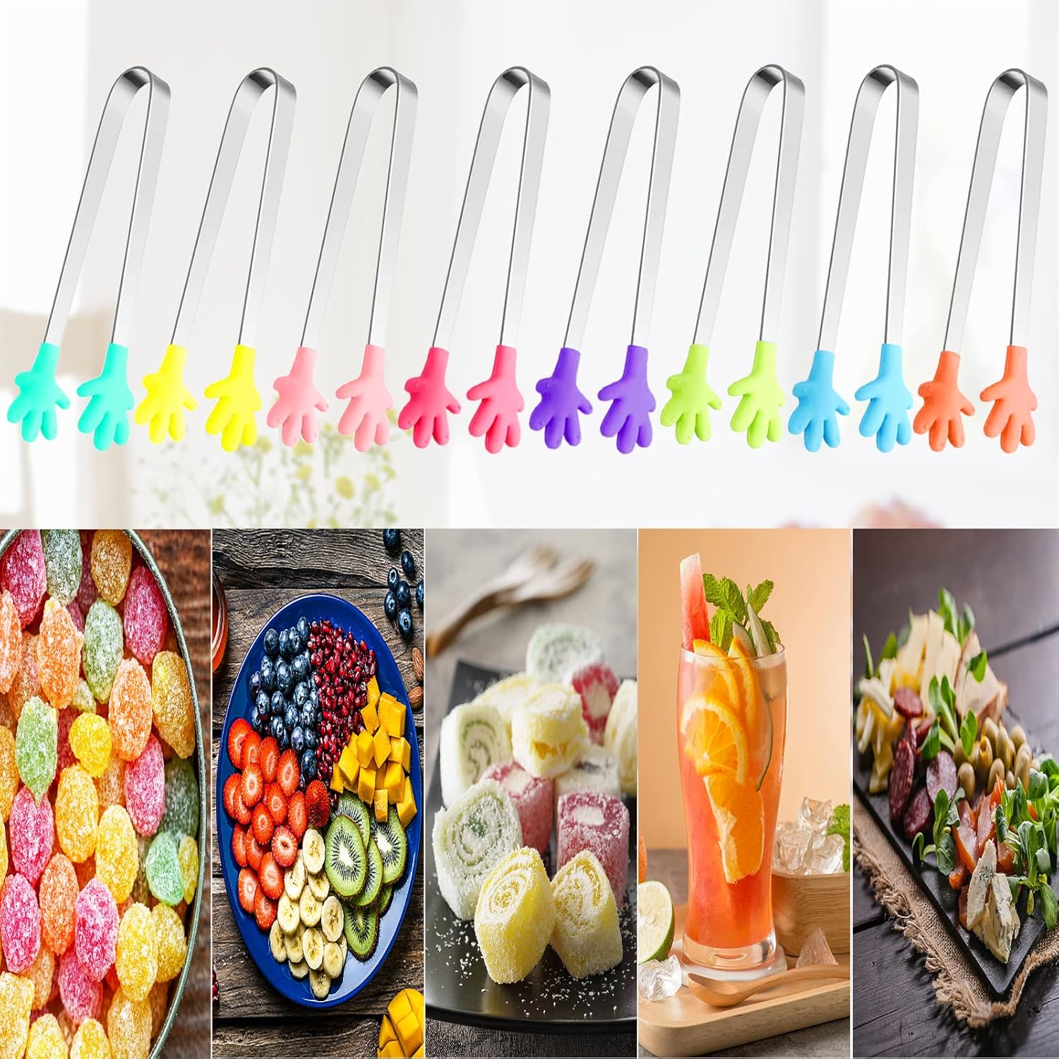 8PCS Silicone Mini Tongs, 5Inch Hand Shape Food Tongs, Colourful Small Kids Tongs for Serving Food, Ice Cube, fruits, Sugar, Barbecue by Palm sharp