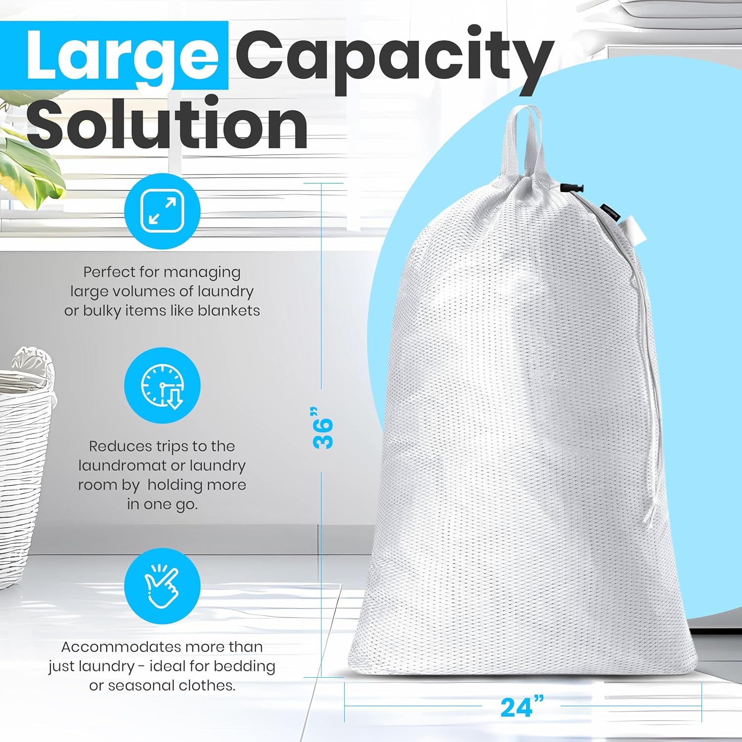 Large Mesh Laundry Bags - 2-Pack Heavy Duty with Handles & Drawstring - Machine Washable Net Laundry Sacks for College Dorm, Camp, Travel, Bedding & Clothes Storage White
