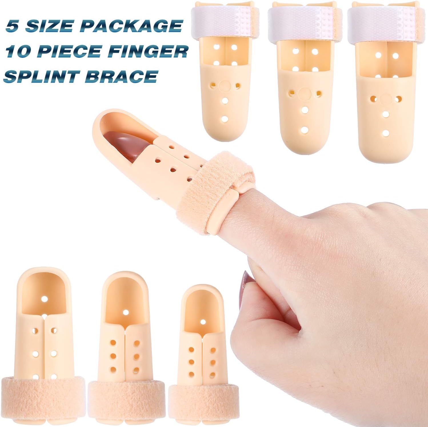 10 Pcs Mallet Finger Splint, 5 Sizes Finger Support Brace Stabilizer Straightener Plastic Fingertip Protectors Arthritis Knuckle Immobilization for Thumb Pinky Middle Index Ring Beige