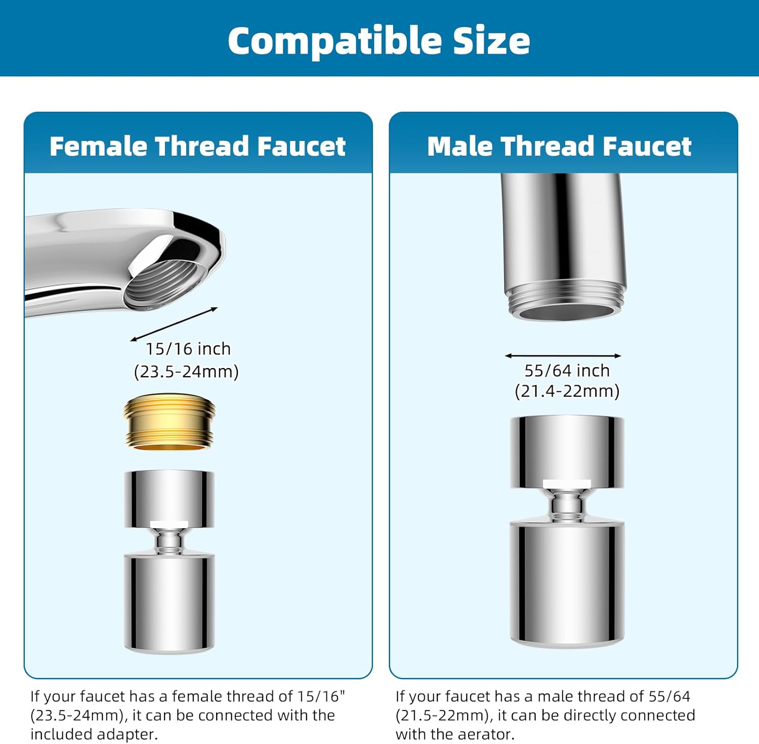 NSF/ANSI/CAN 61 Certified Faucet Aerator, CUPC Certification 360° Twist Kitchen Sink Aerator, Dual-function Sink Sprayer Attachment, Faucet Replacement Part 55/64'' Female Thread, Chrome