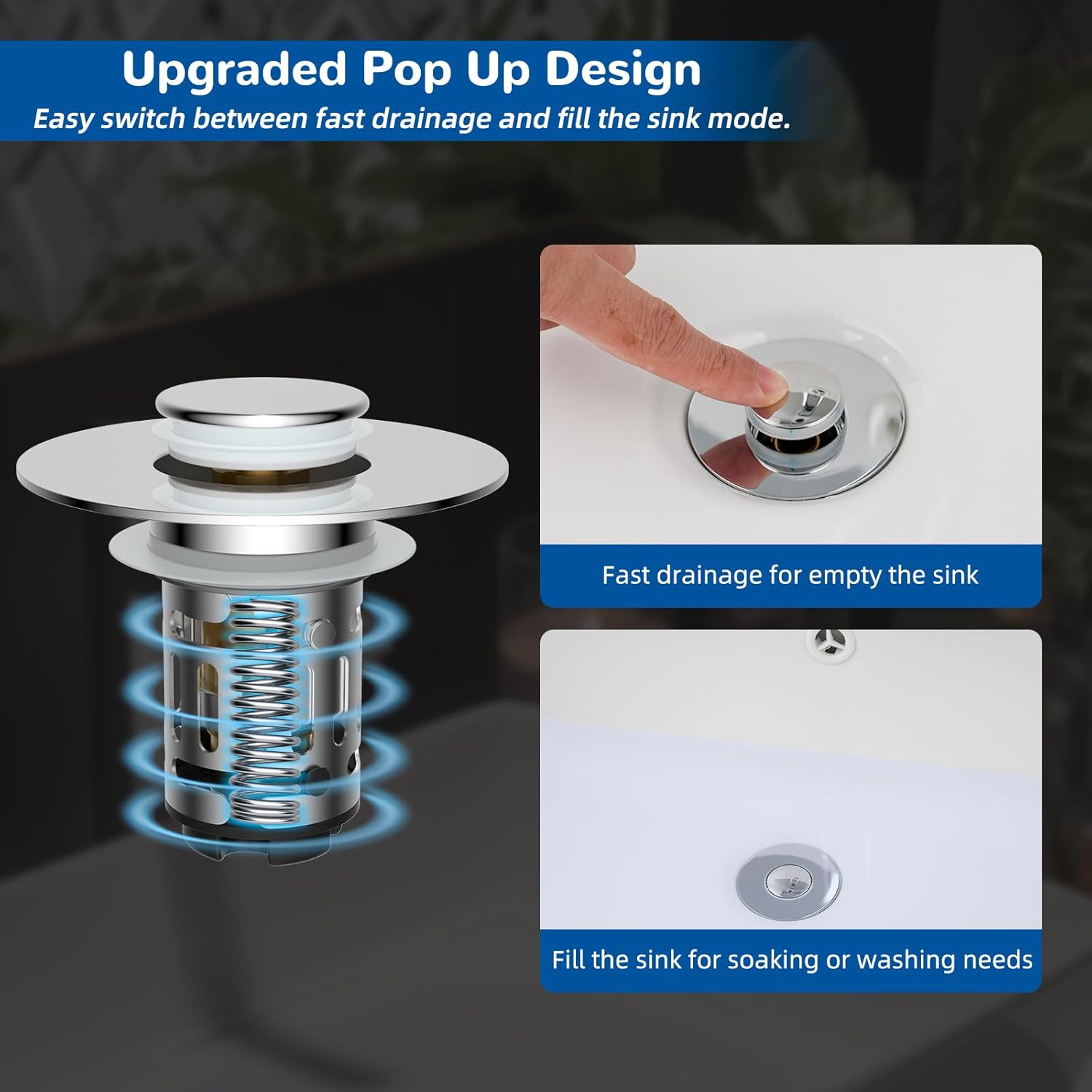 Upgraded 3 in 1 Bathroom Sink Drain Strainer, Universal Pop Up Stopper with Removable Stainless Steel Filter Basket Hair Catcher, Sink Plug for 1.1'' 2.36'' Basin, Brass Bullet Core, Chrome