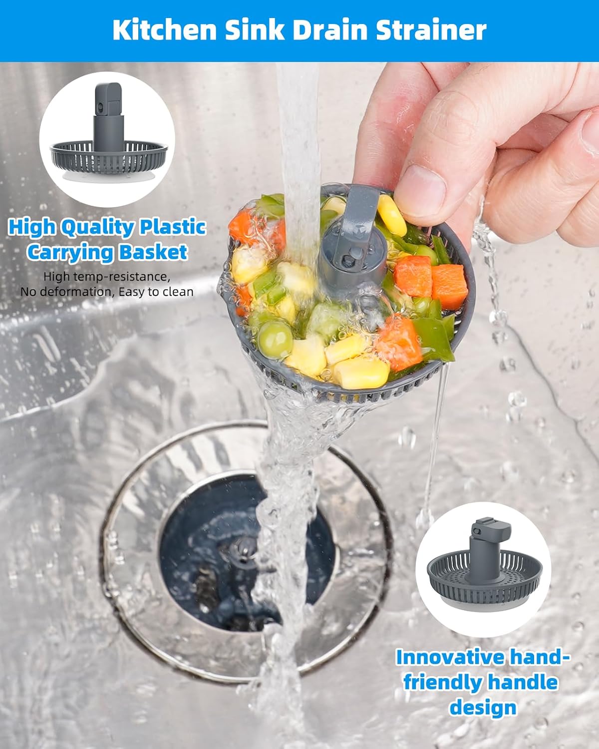 3 in 1 Kitchen Sink Drain Strainer and Stopper Combo, Chrome Stainless Steel Wraped Shell, Anti-Clogging Basket Strainer with Foldable Handle for US Standard 3-1/2" Drain