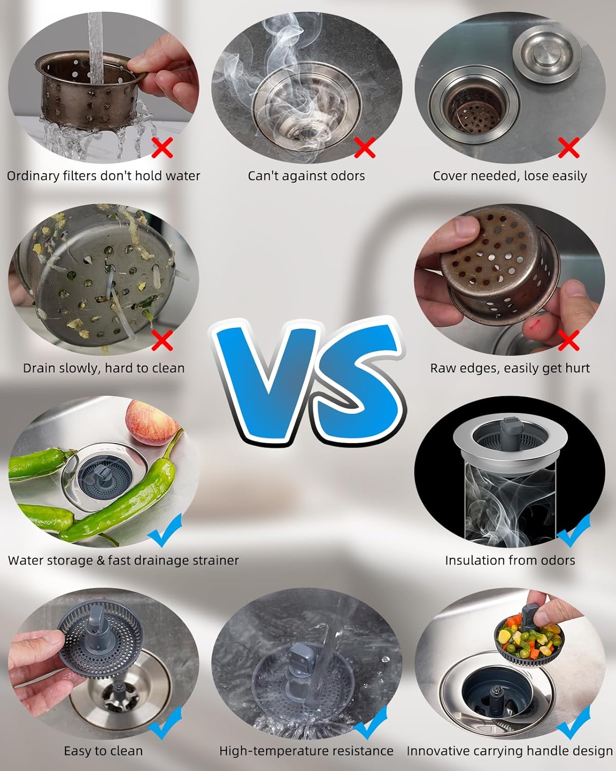 3 in 1 Kitchen Sink Drain Strainer and Stopper Combo, Chrome Stainless Steel Wraped Shell, Anti-Clogging Basket Strainer with Foldable Handle for US Standard 3-1/2" Drain