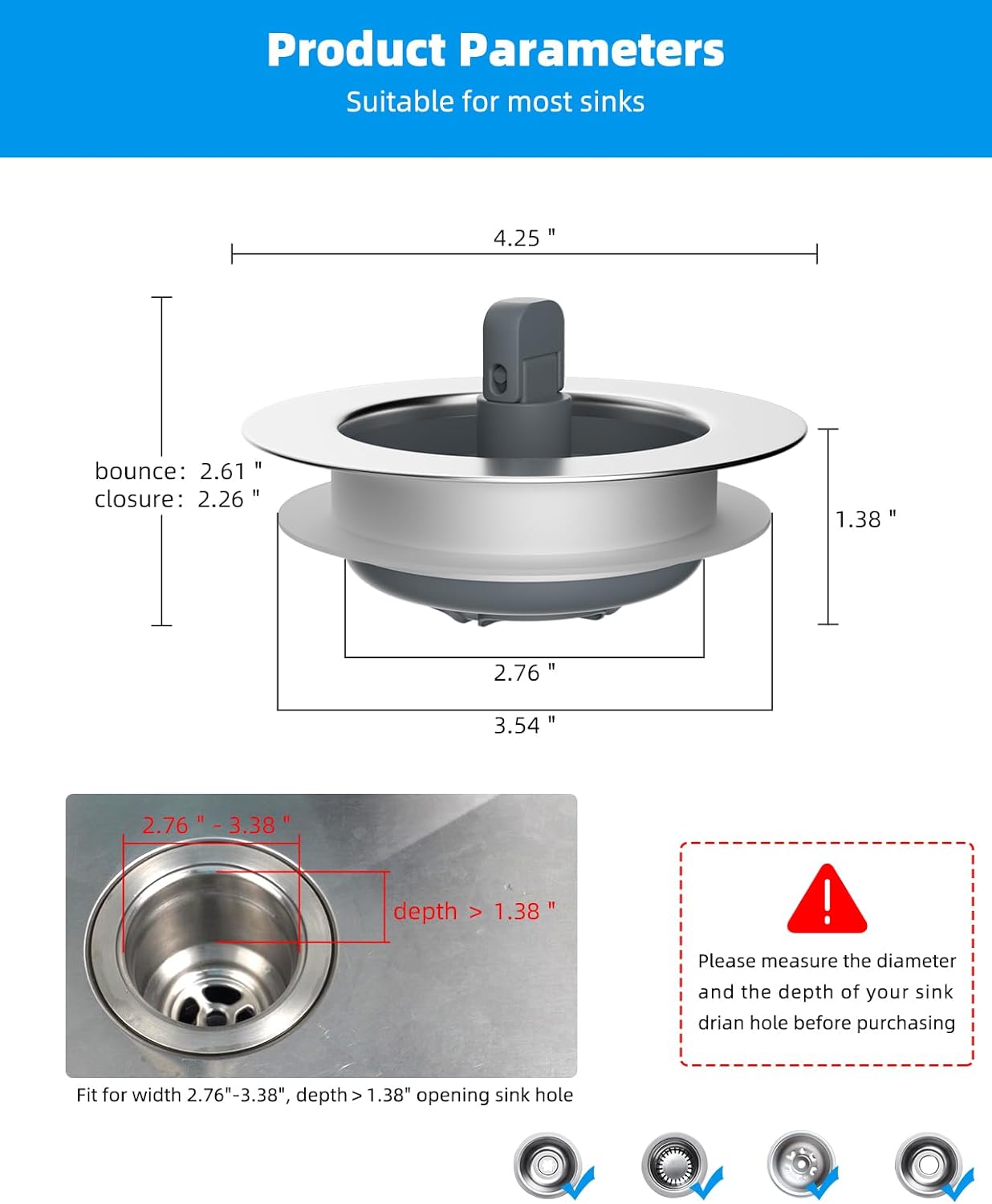3 in 1 Kitchen Sink Drain Strainer and Stopper Combo, Chrome Stainless Steel Wraped Shell, Anti-Clogging Basket Strainer with Foldable Handle for US Standard 3-1/2" Drain