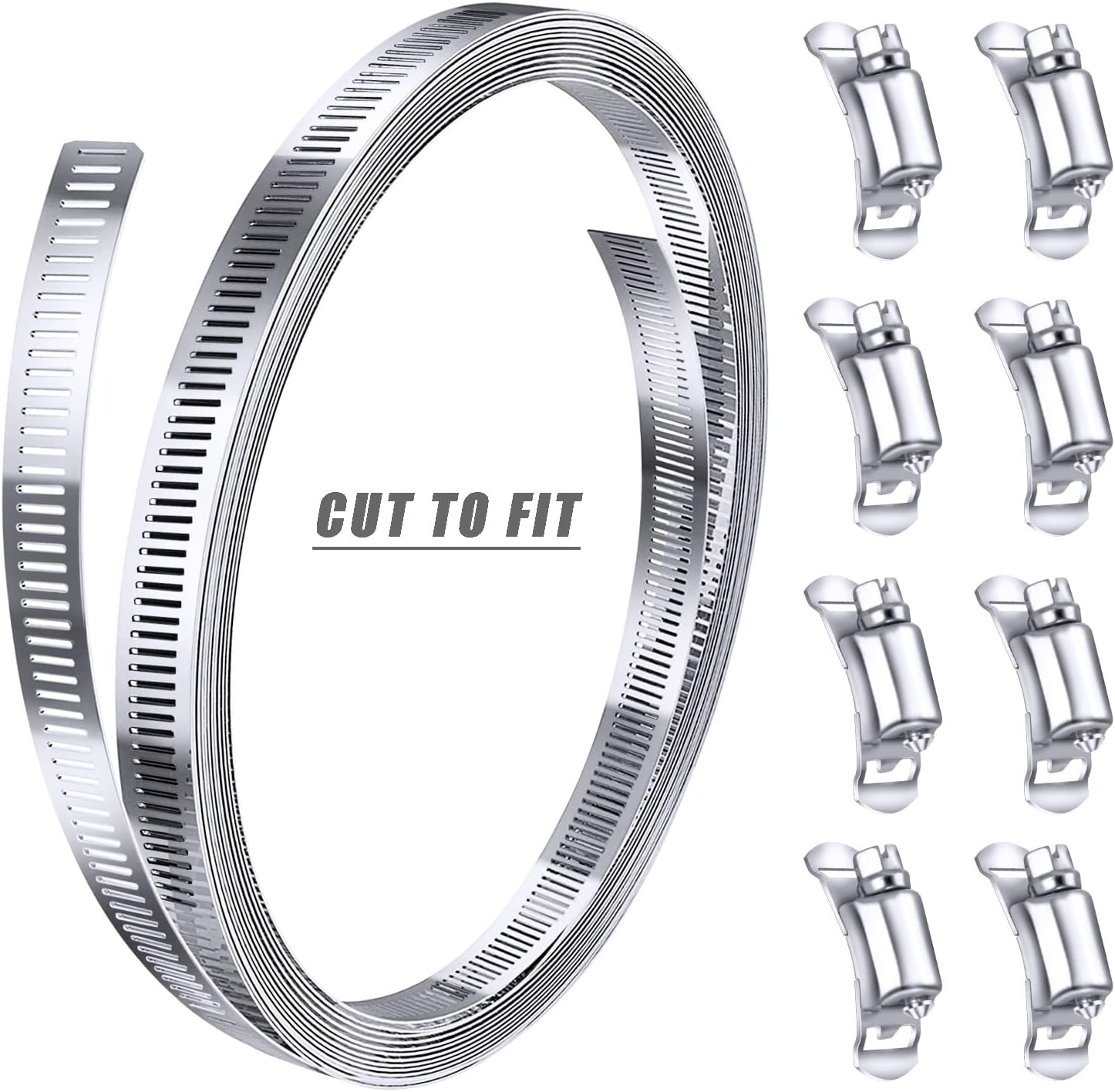 304 Stainless Steel Hose Clamp Assortment Kit DIY, Cut-To-Fit 12 FT Metal Strap+8 Stronger Fasteners,Large Adjustable Worm Gear Band Hose Clamps Screw Clamps Duct Pipe Metal Clamp Strapping