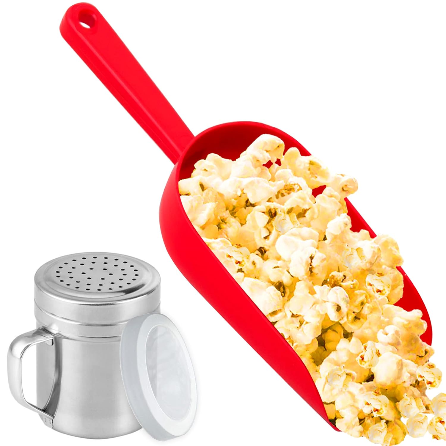 Red Popcorn Plastic Scoop with Popcorn Salt Shaker Handle, Plastic Cap - Popcorn Concession Supplies Bundle