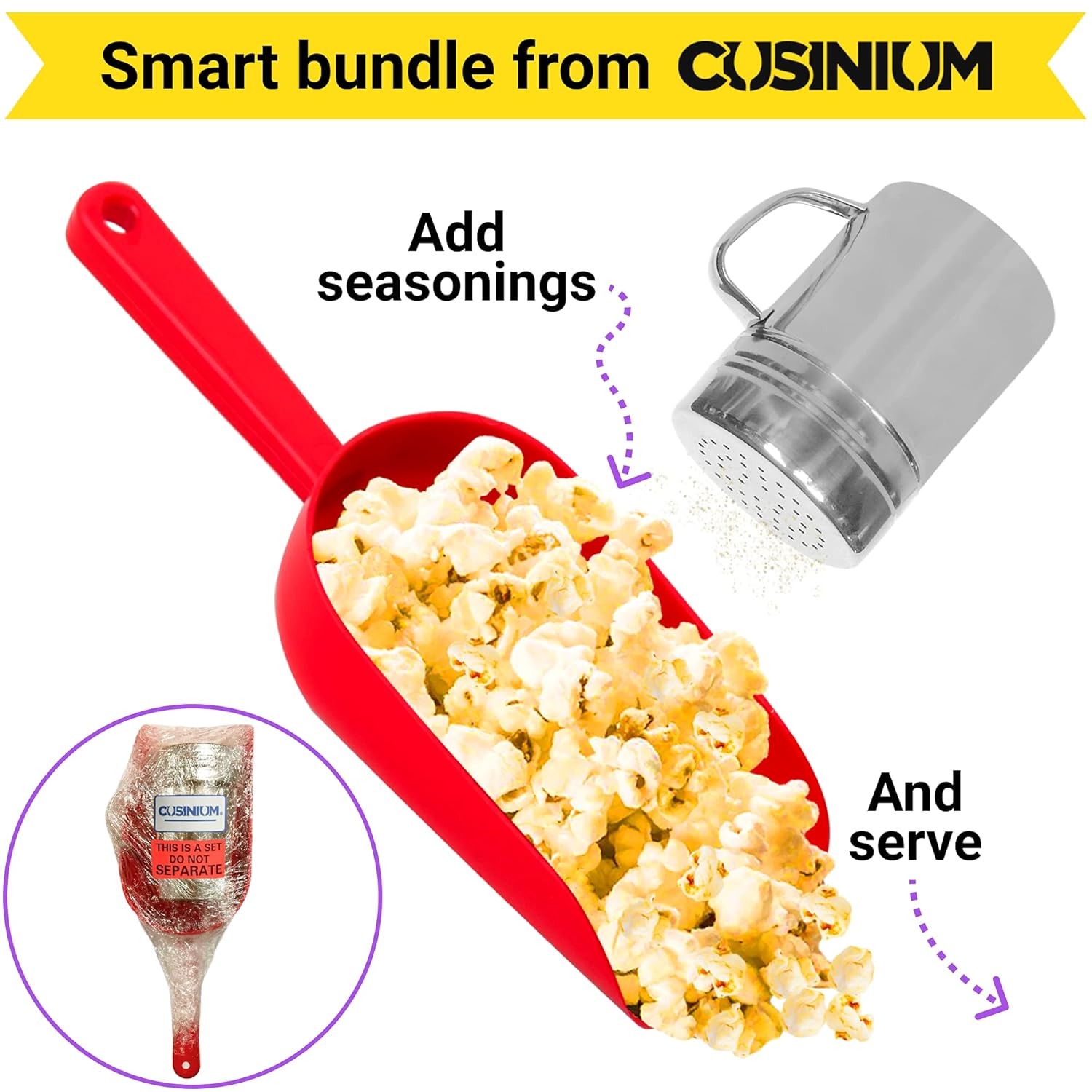 Red Popcorn Plastic Scoop with Popcorn Salt Shaker Handle, Plastic Cap - Popcorn Concession Supplies Bundle