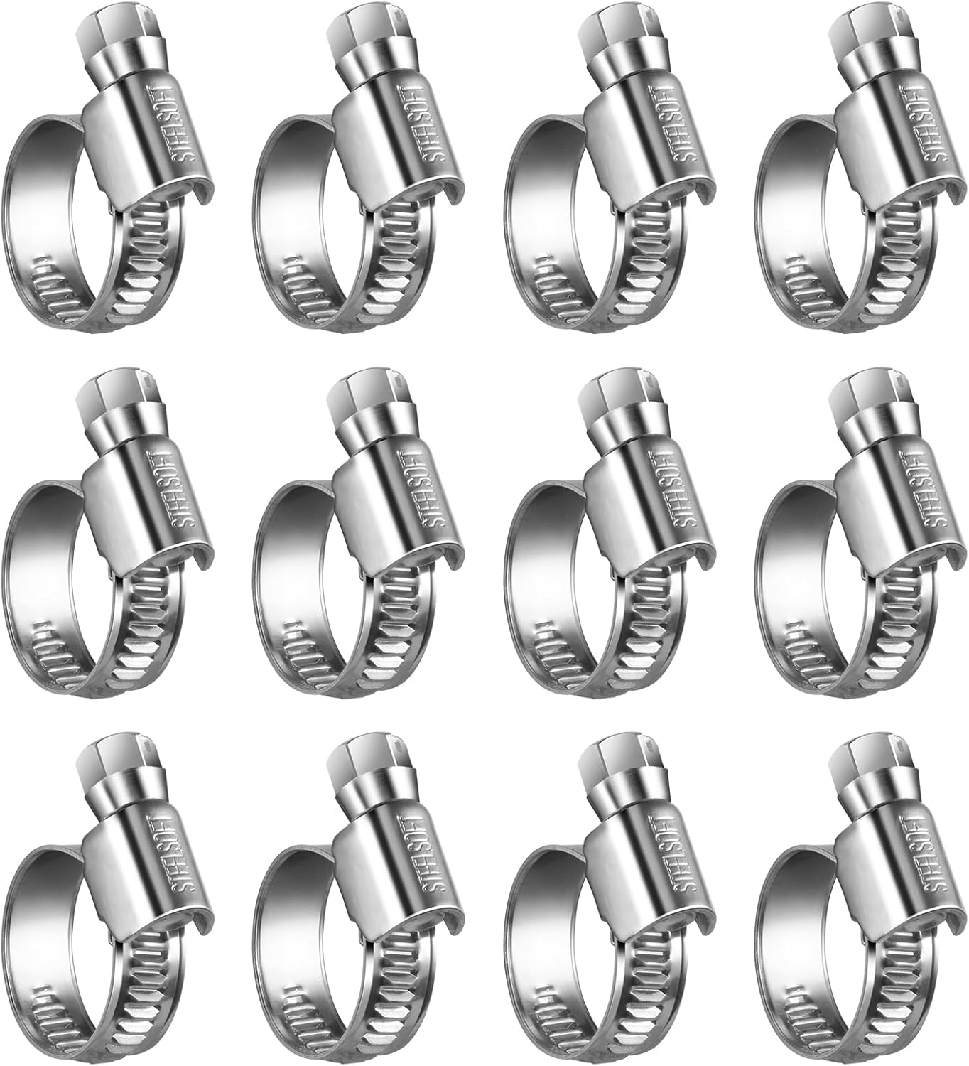 Non-Slip Worm Gear Hose Clamps#6, 1/2" to 3/4" 12-20mm Adjustable Stainless Steel Screw Clamps for Automotive, Fuel Line, Garden, Heater, Radiator Tube Pipe, 12 Pack
