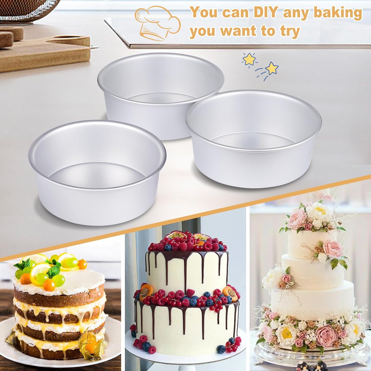 Round Cake Pan Set of 3 6 x 3 inch/8 x 3 inch/10 x 3 inch , Aluminum Baking Pans for Layer Cakes, Heavy Duty Non-Stick, Evenly Baking Tools for Home Kitchen, Birthday Wedding Anniversary