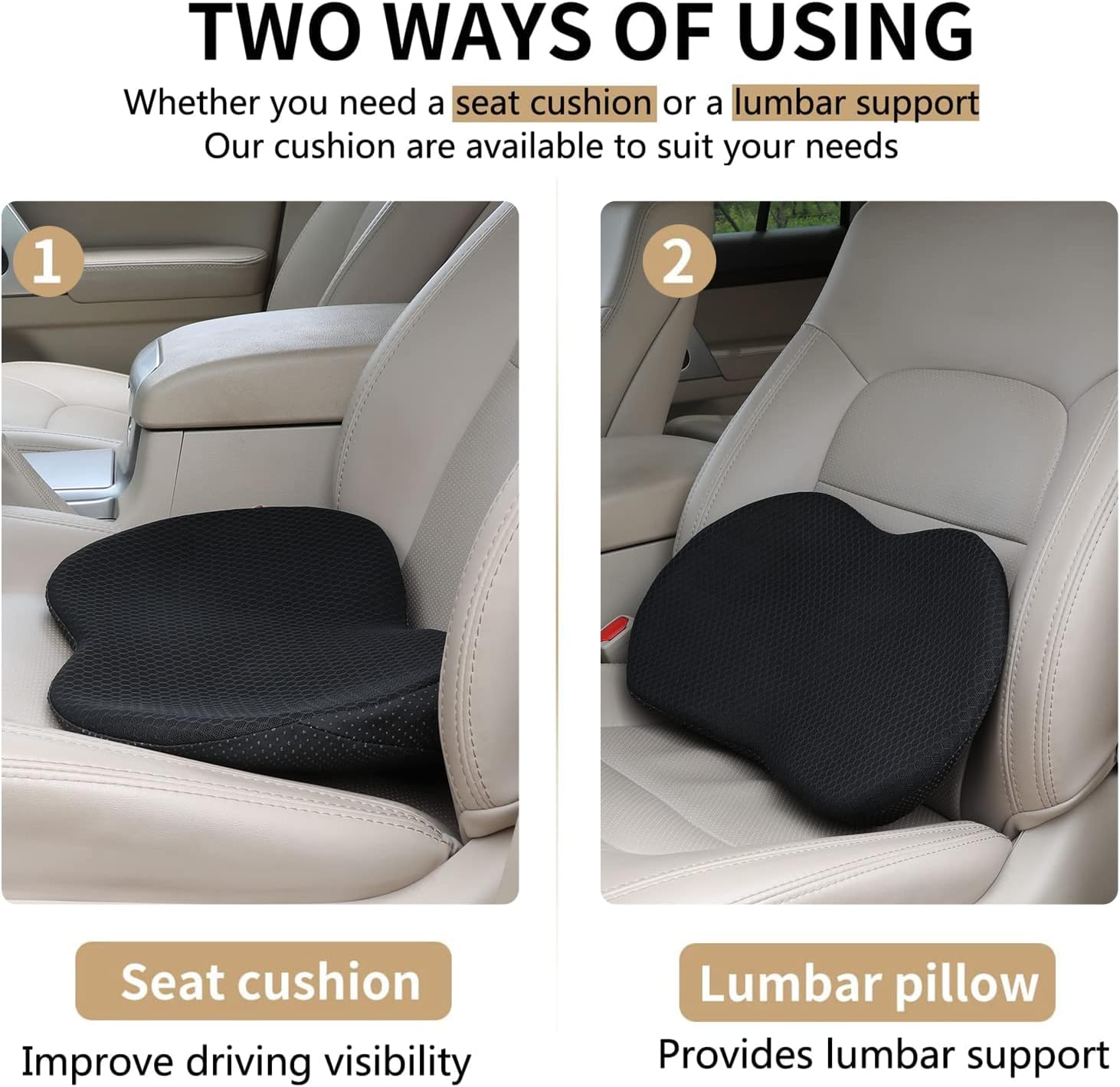 Car Seat Cushion - Memory Foam Car Seat Pad - Sciatica & Lower Back Pain Relief - Car Seat Cushions for Driving - Road Trip Essentials for Drivers Black