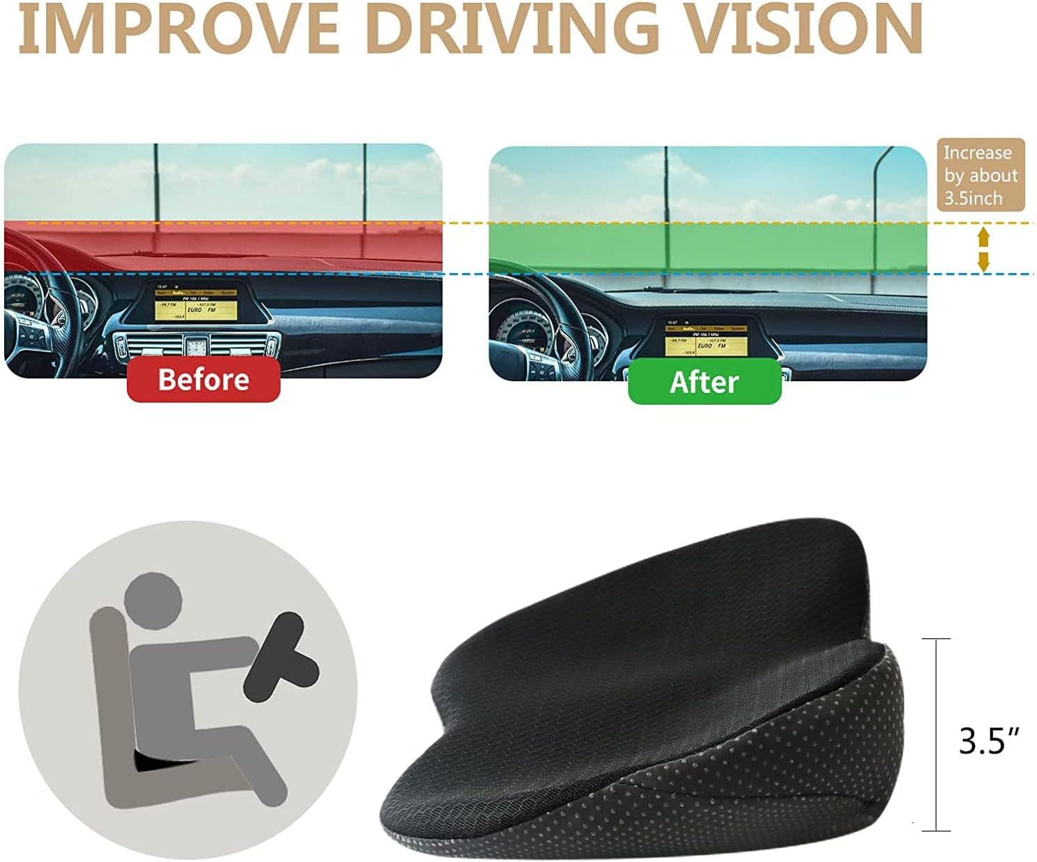 Car Seat Cushion - Memory Foam Car Seat Pad - Sciatica & Lower Back Pain Relief - Car Seat Cushions for Driving - Road Trip Essentials for Drivers Black