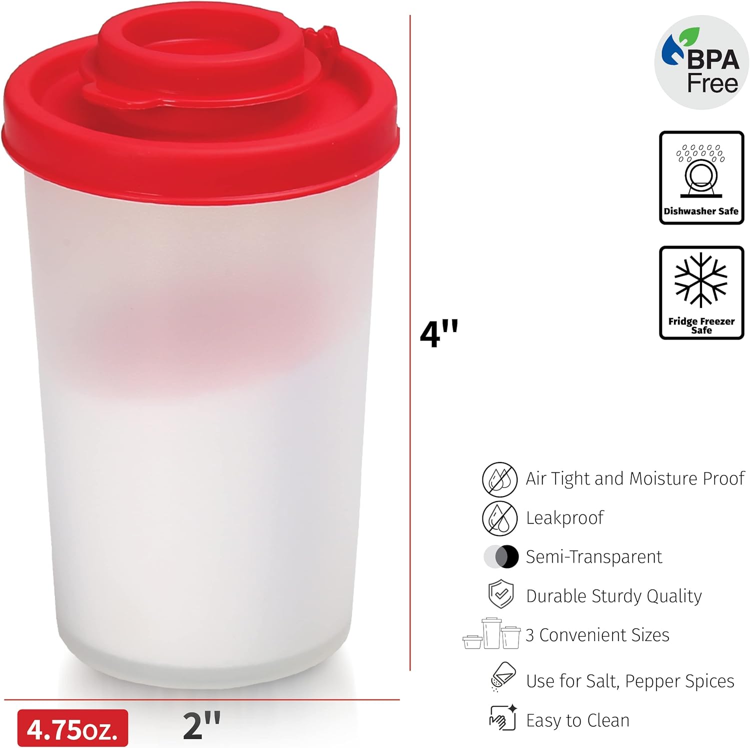 SIGNORAWARE Salt and Pepper Shakers Moisture Proof Set of 2 Large Salt Shaker to go Camping Picnic Outdoors Kitchen Lunch Boxes Travel Spice Set Clear with Red Covers Lids Plastic Airtight Dispenser
