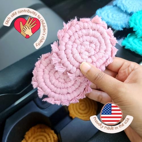 Cotton Car Coasters for Cup Holders, 2PC Car Cup Coasters, Drink Coaster Holder, Cute cupholder Coaster Accessories for Women, Macrame, Boho Champagne Pink