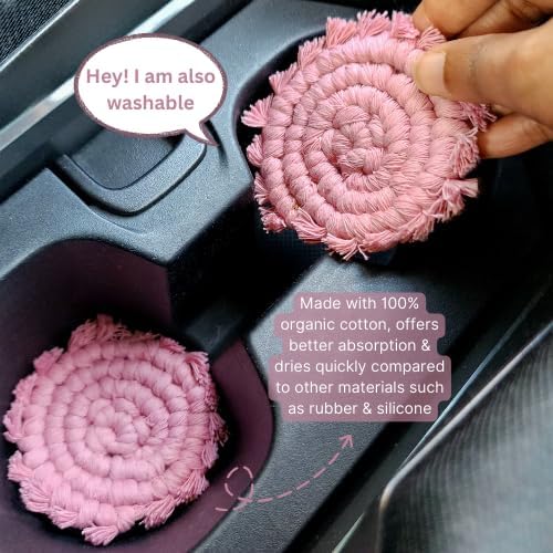 Cotton Car Coasters for Cup Holders, 2PC Car Cup Coasters, Drink Coaster Holder, Cute cupholder Coaster Accessories for Women, Macrame, Boho Champagne Pink