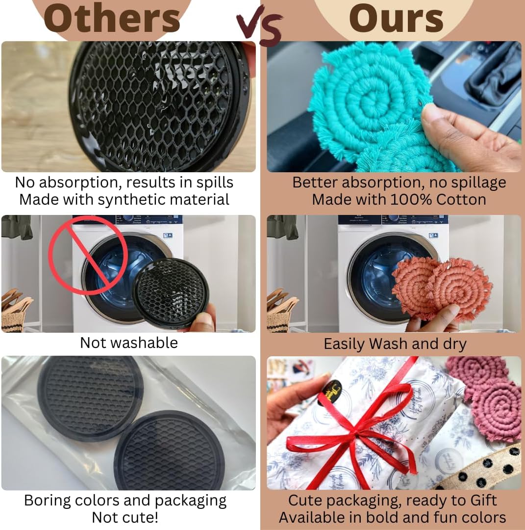 Cotton Car Coasters for Cup Holders, 2PC Car Cup Coasters, Drink Coaster Holder, Cute cupholder Coaster Accessories for Women, Macrame, Boho Champagne Pink
