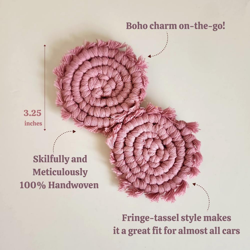 Cotton Car Coasters for Cup Holders, 2PC Car Cup Coasters, Drink Coaster Holder, Cute cupholder Coaster Accessories for Women, Macrame, Boho Champagne Pink