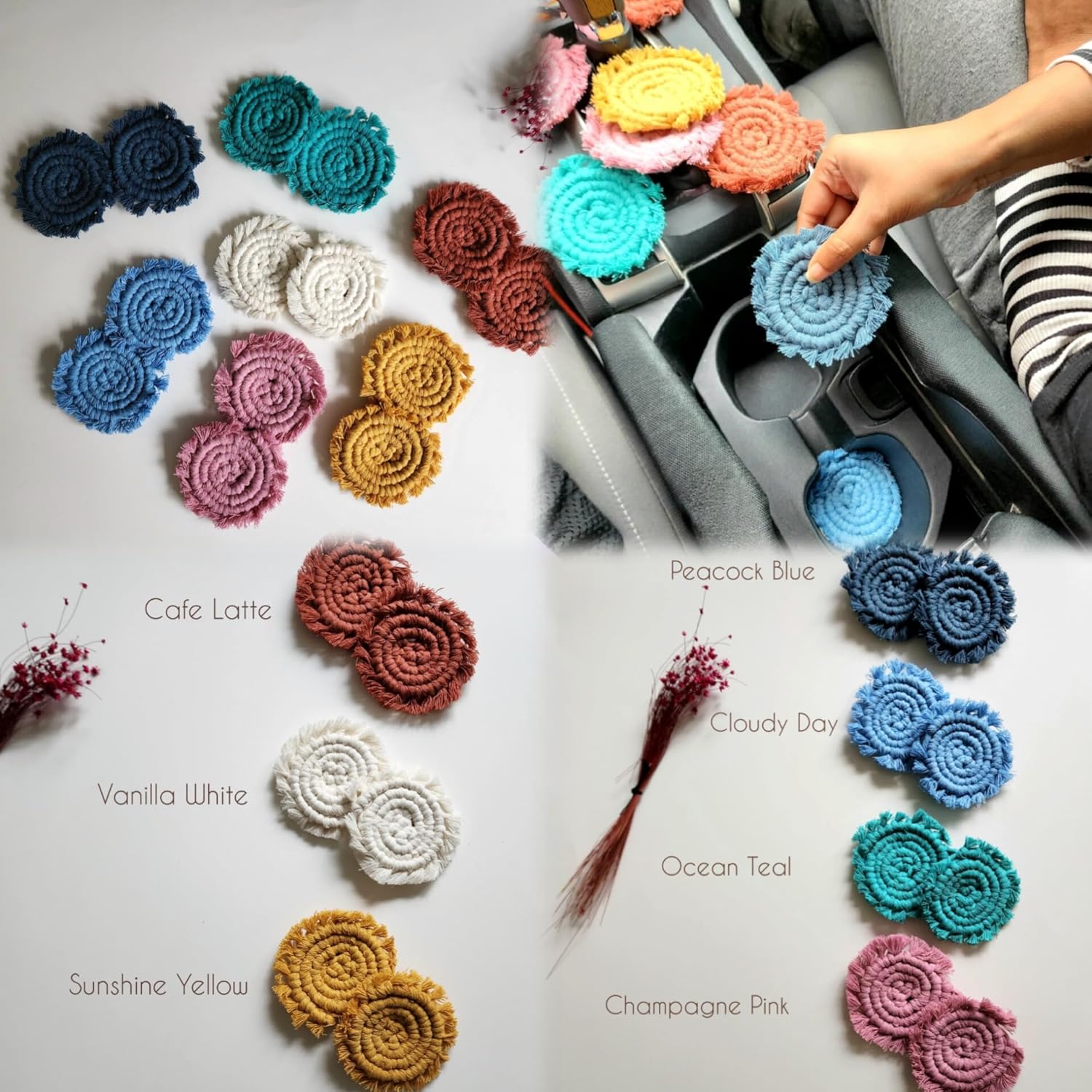 Cotton Car Coasters for Cup Holders, 2PC Car Cup Coasters, Drink Coaster Holder, Cute cupholder Coaster Accessories for Women, Macrame, Boho Champagne Pink