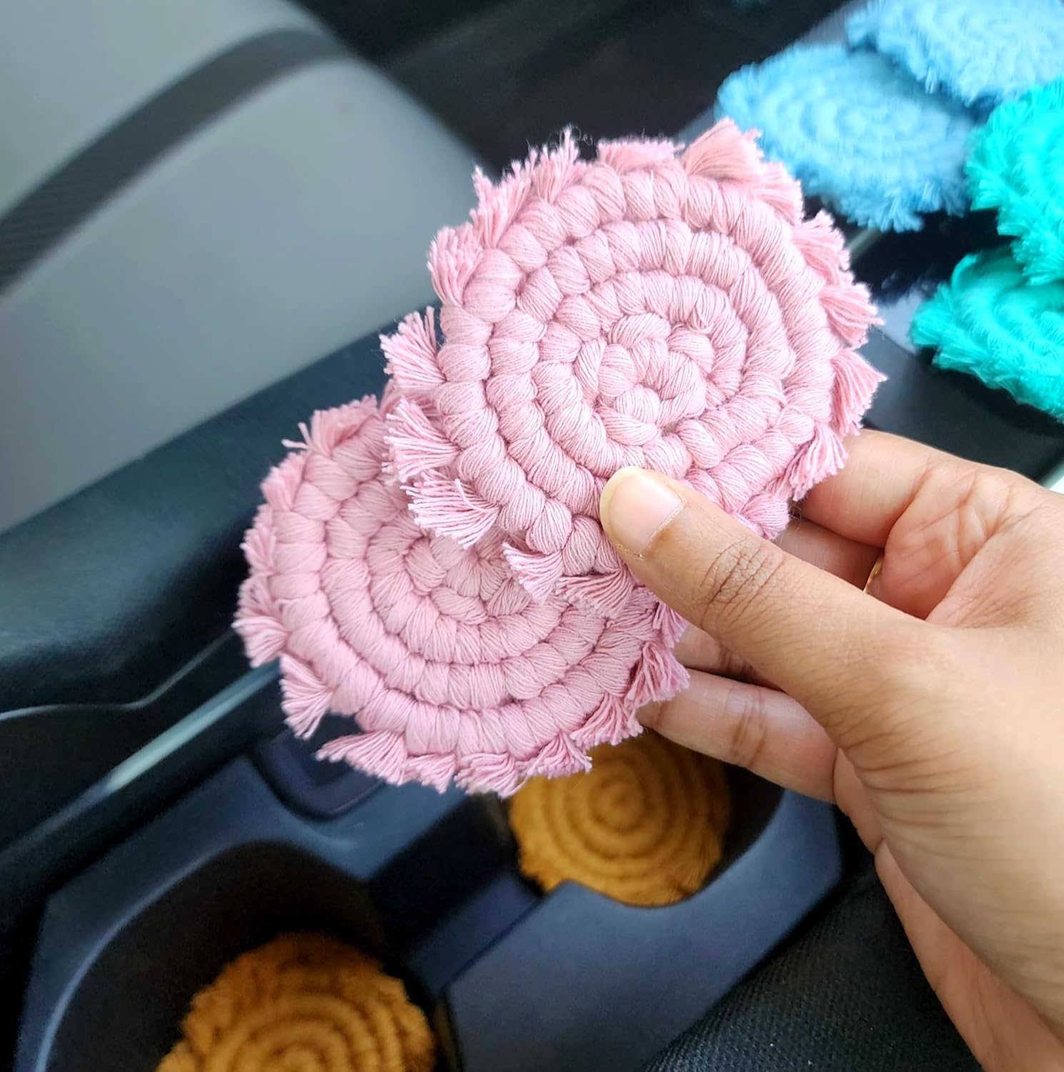 Cotton Car Coasters for Cup Holders, 2PC Car Cup Coasters, Drink Coaster Holder, Cute cupholder Coaster Accessories for Women, Macrame, Boho Champagne Pink
