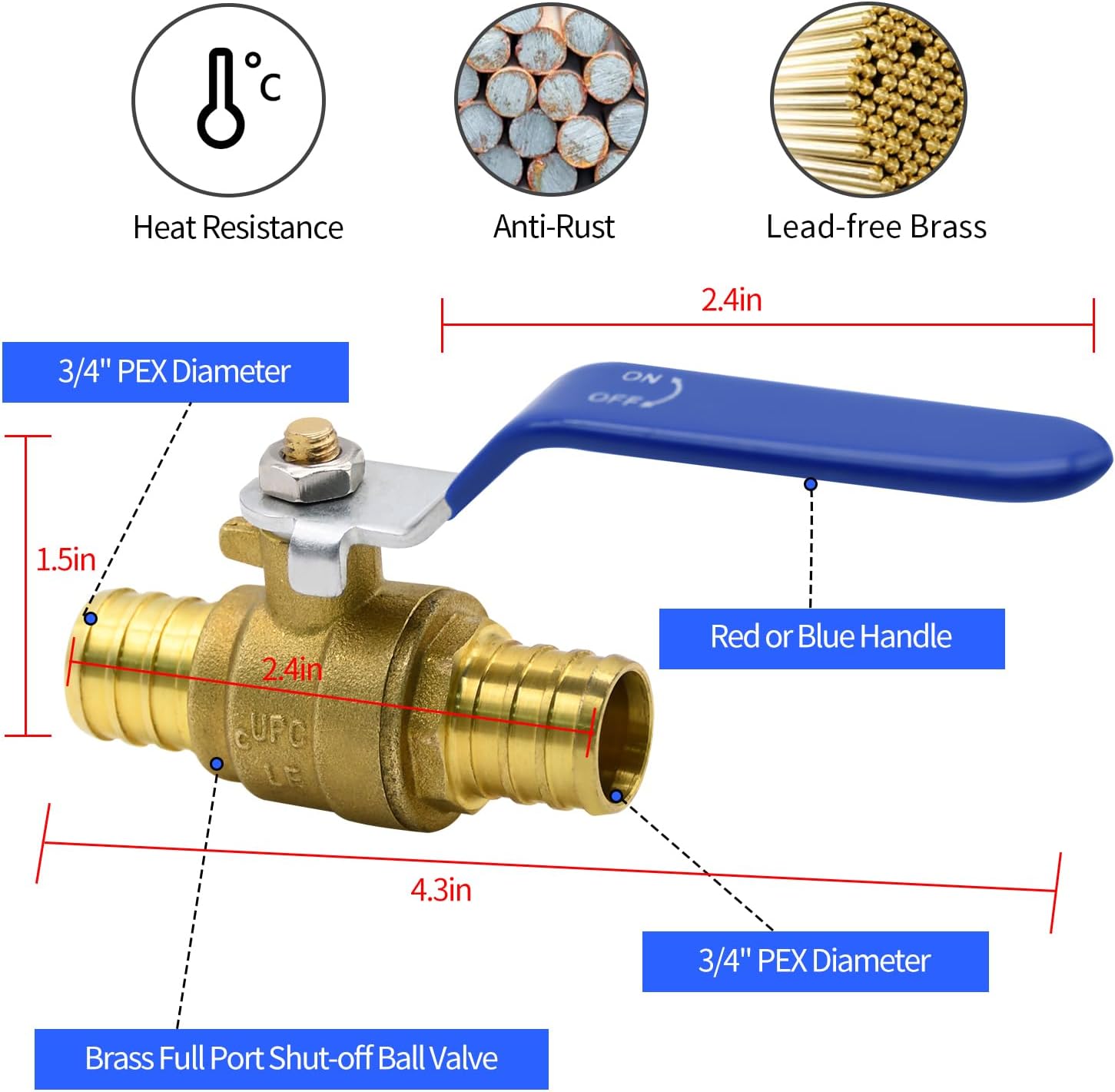 10pcs PEX Ball Valves, 3/4" PEX Brass Full Port Shut Off Ball Valve, Full Port Shut-off Ball Valve, Quarter Turn HOT RED COLD BLUE of Water Stop Shut off