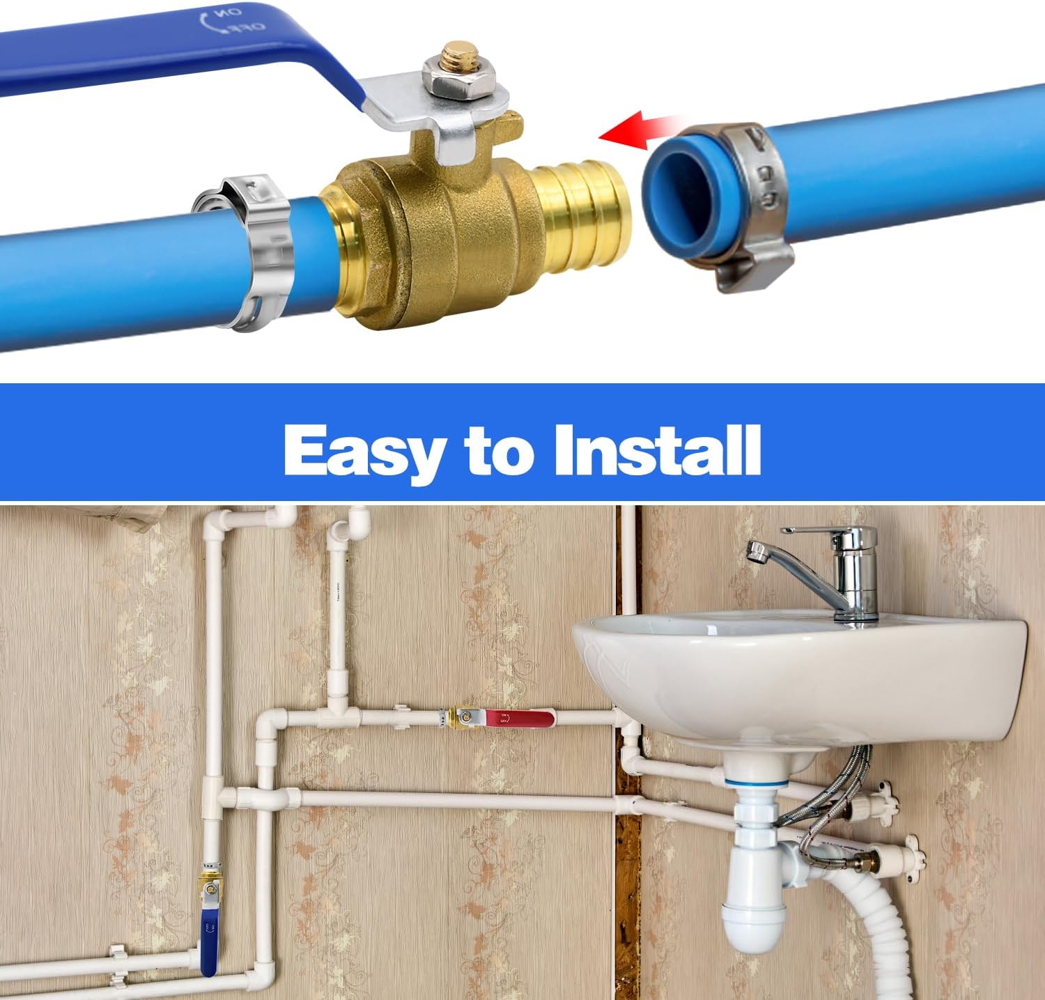 10pcs PEX Ball Valves, 3/4" PEX Brass Full Port Shut Off Ball Valve, Full Port Shut-off Ball Valve, Quarter Turn HOT RED COLD BLUE of Water Stop Shut off