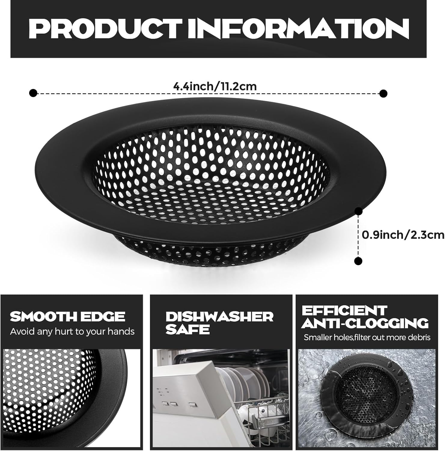 2 Pcs Sink Strainer Stainless Steel Kitchen Sink Drain Strainer Basket Cover Mesh Hair Food Catcher, Large Wide Rim of 4.4 Diameter Matte Black