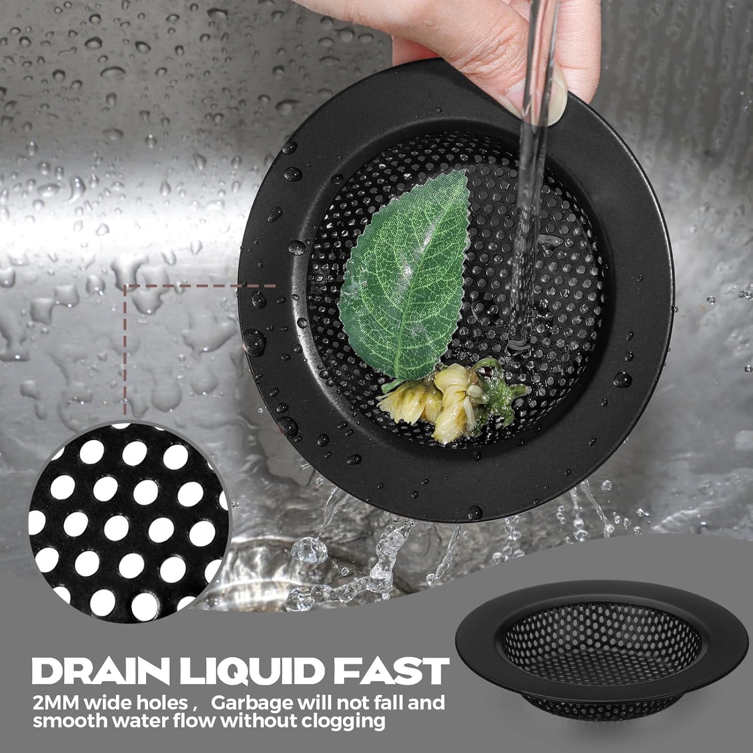 2 Pcs Sink Strainer Stainless Steel Kitchen Sink Drain Strainer Basket Cover Mesh Hair Food Catcher, Large Wide Rim of 4.4 Diameter Matte Black