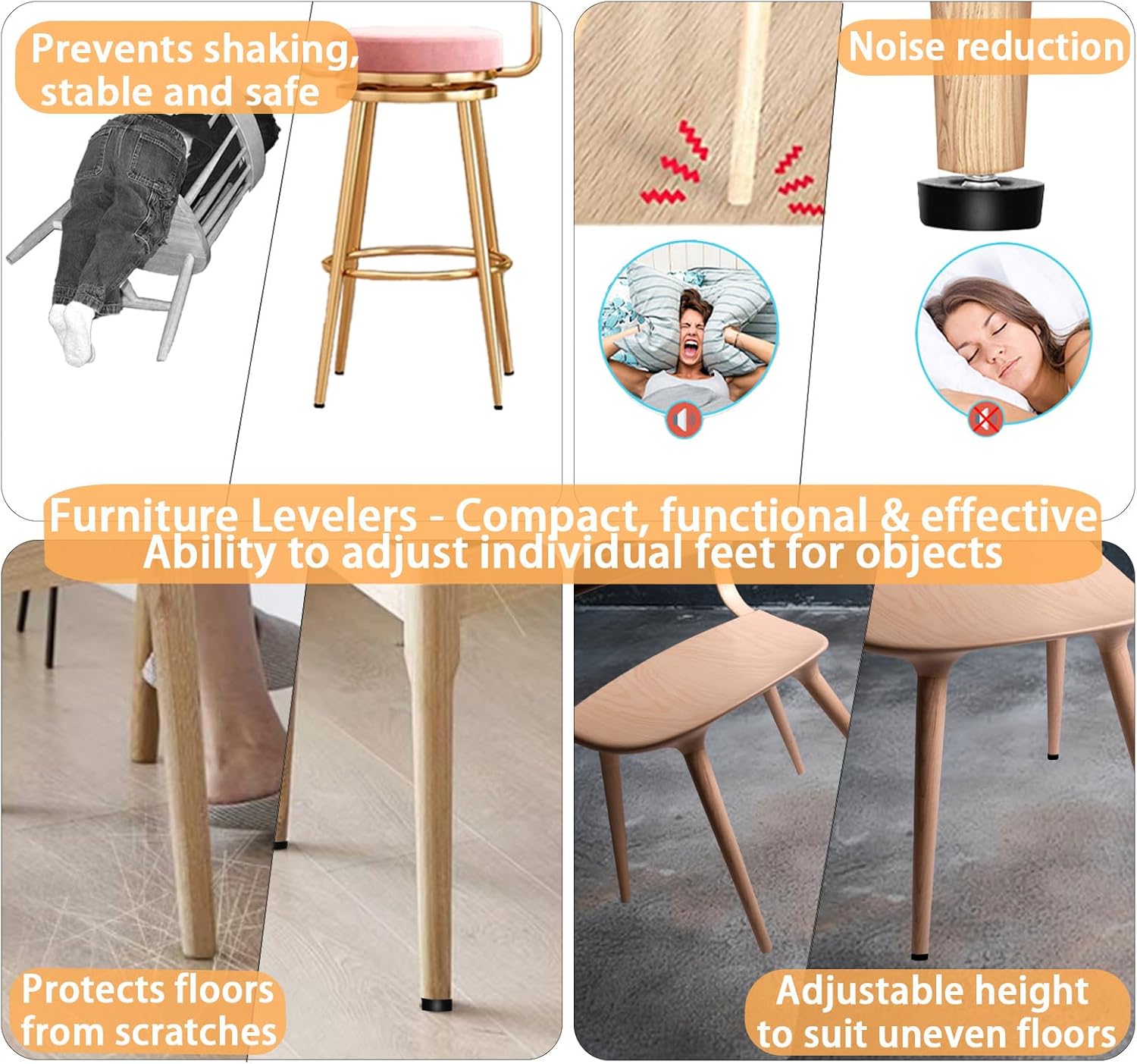 1/4" Thread Leveling Feet, 12 PCS Adjustable Furniture Levelers with T-Nuts, Threaded Screw-in Table Feet for Individual Adjustment
