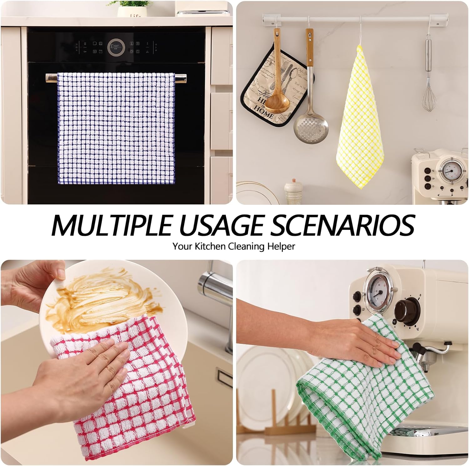Kitchen Towels and Dishcloths Set, 16 x 25 and 12 x 12 Inches, Set of 8 Cotton Terry Kitchen Dish Towels, Super Soft and Absorbent Dish Cloths, Blue/Yellow/Red/Green