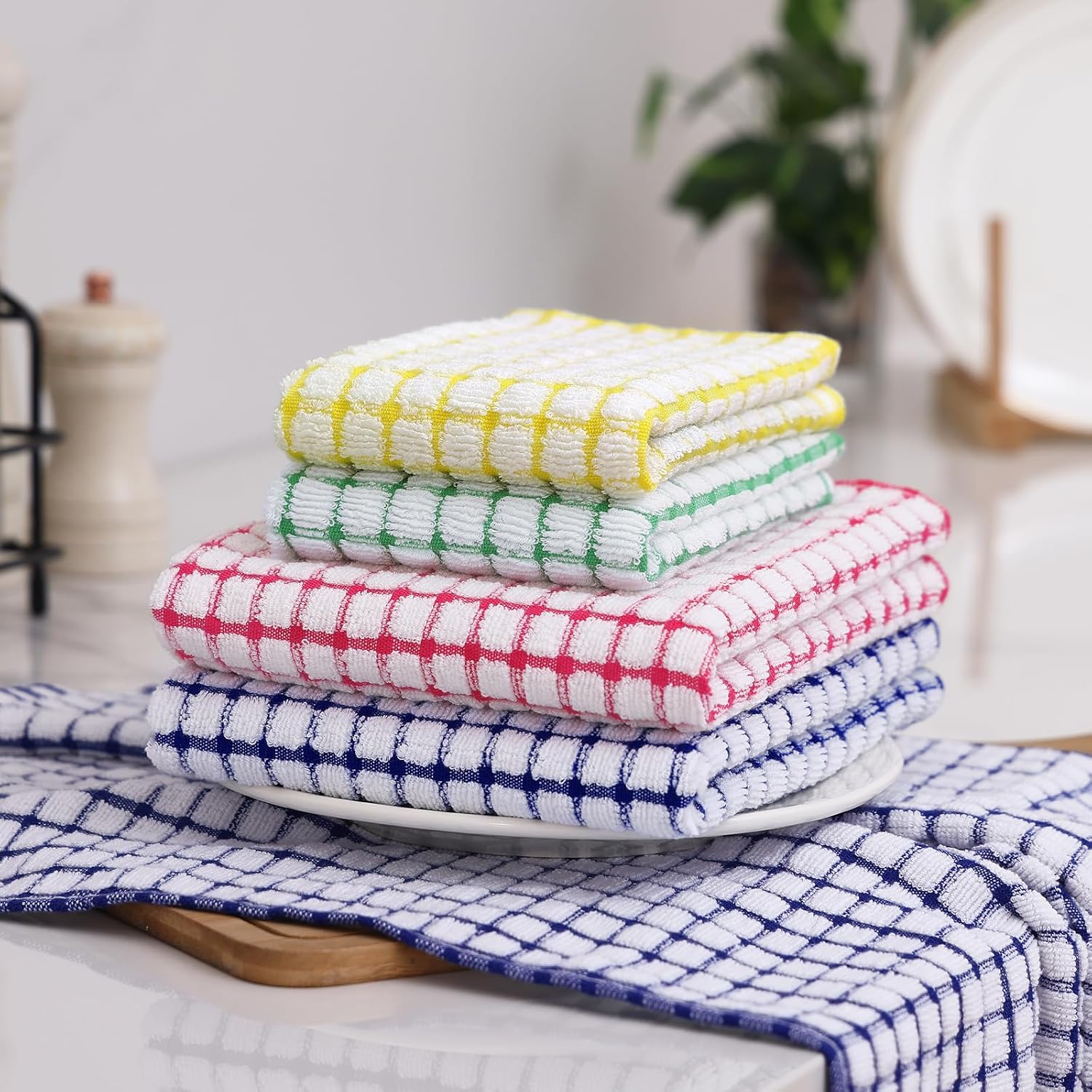 Kitchen Towels and Dishcloths Set, 16 x 25 and 12 x 12 Inches, Set of 8 Cotton Terry Kitchen Dish Towels, Super Soft and Absorbent Dish Cloths, Blue/Yellow/Red/Green