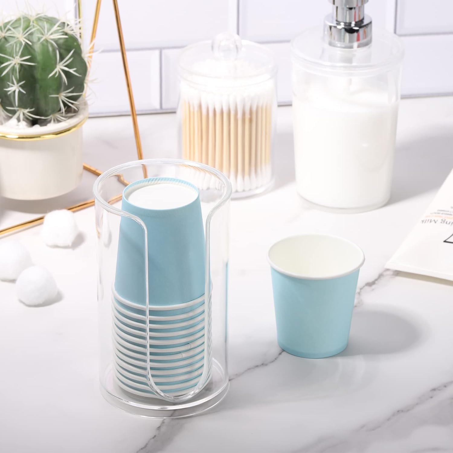 Bathroom Cup Dispenser, 3oz-5oz Small Disposable Paper Cups Holder for Bathroom Vanity Countertop's Rinsing/Mouthwash Cups, Clear