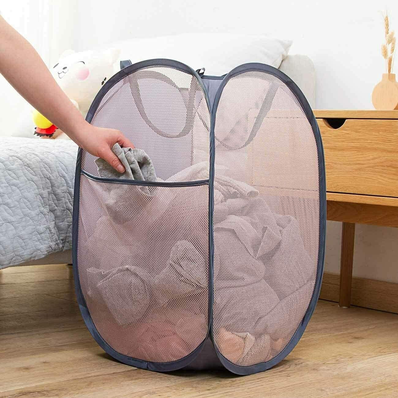 2 Pcs Popup Mesh Laundry Baskets, Collapsible and Portable Clothes Washing Laundry Hampers with Reinforced Carry Handles, Gray Clothes Hamper for Home, Travel, College Dorm