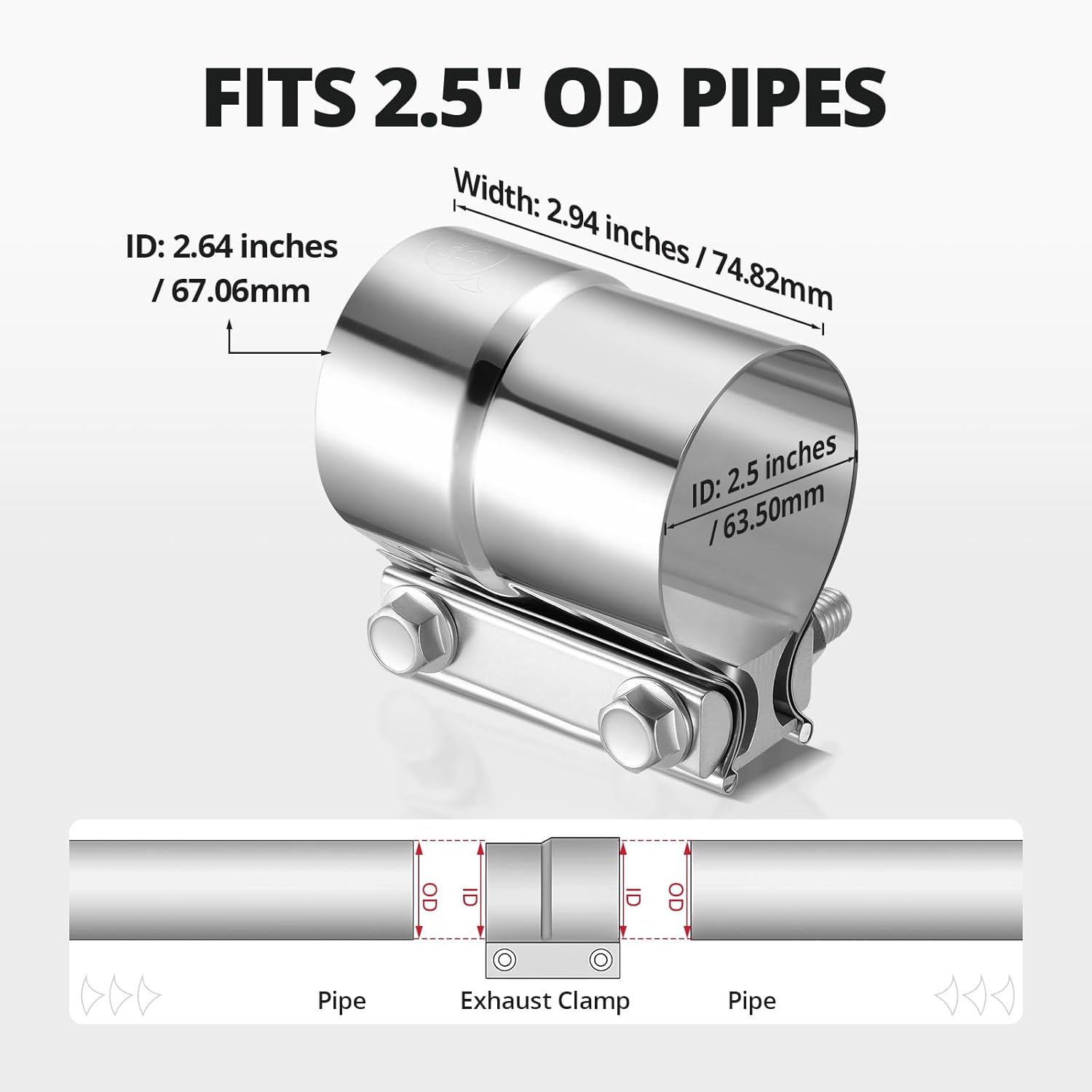 2.5'' Exhaust Clamp, Lap Joint Band Clamp Stainless Steel for Pipes, Mufflers, Catalytic Converters 1PCS, 2.5 inch