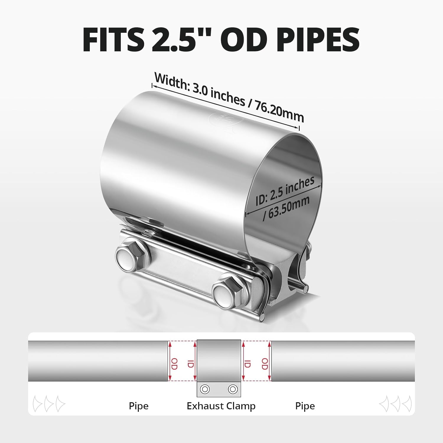 2.5 inch Exhaust Clamp, 2 1/2" Butt Joint Band Clamp Sleeve Coupler Stainless Steel for Pipes,Mufflers,Catalytic Converters 1PC, 2.5 in