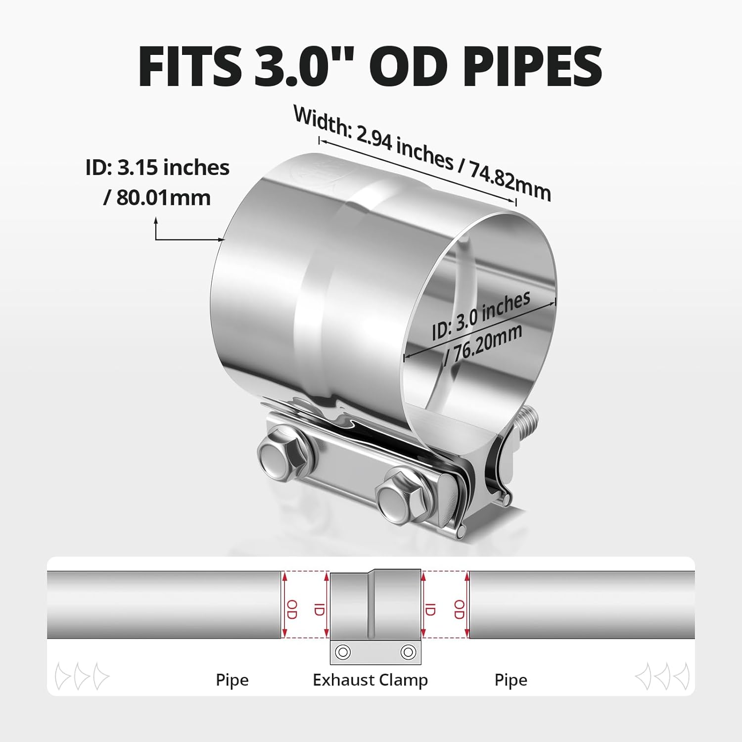 3.0'' Exhaust Clamp, Lap Joint Band Clamp Stainless Steel for Pipes, Mufflers, Catalytic Converters 4Pcs, 3.0 inch