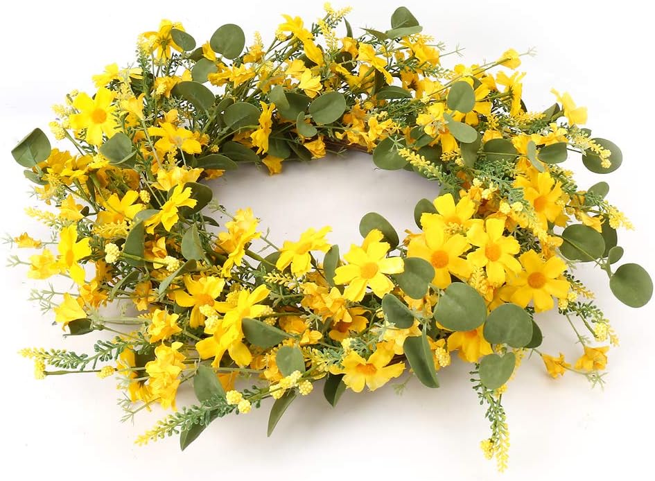 Artificial Spring Wreath 22 Inch Summer Wreaths for Front Door Yellow Daisy Wreath for Indoor Outdoor Home Decor and Easter Celebration