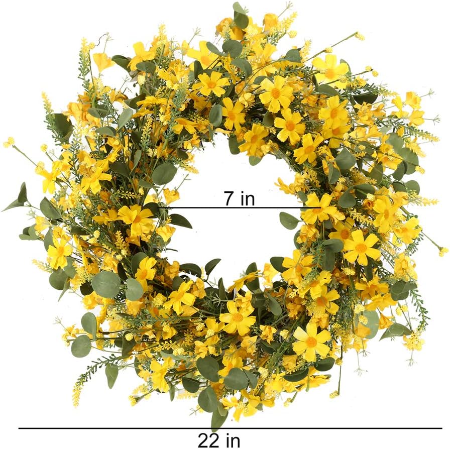 Artificial Spring Wreath 22 Inch Summer Wreaths for Front Door Yellow Daisy Wreath for Indoor Outdoor Home Decor and Easter Celebration