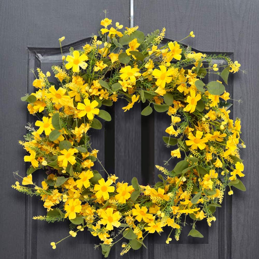 Artificial Spring Wreath 22 Inch Summer Wreaths for Front Door Yellow Daisy Wreath for Indoor Outdoor Home Decor and Easter Celebration