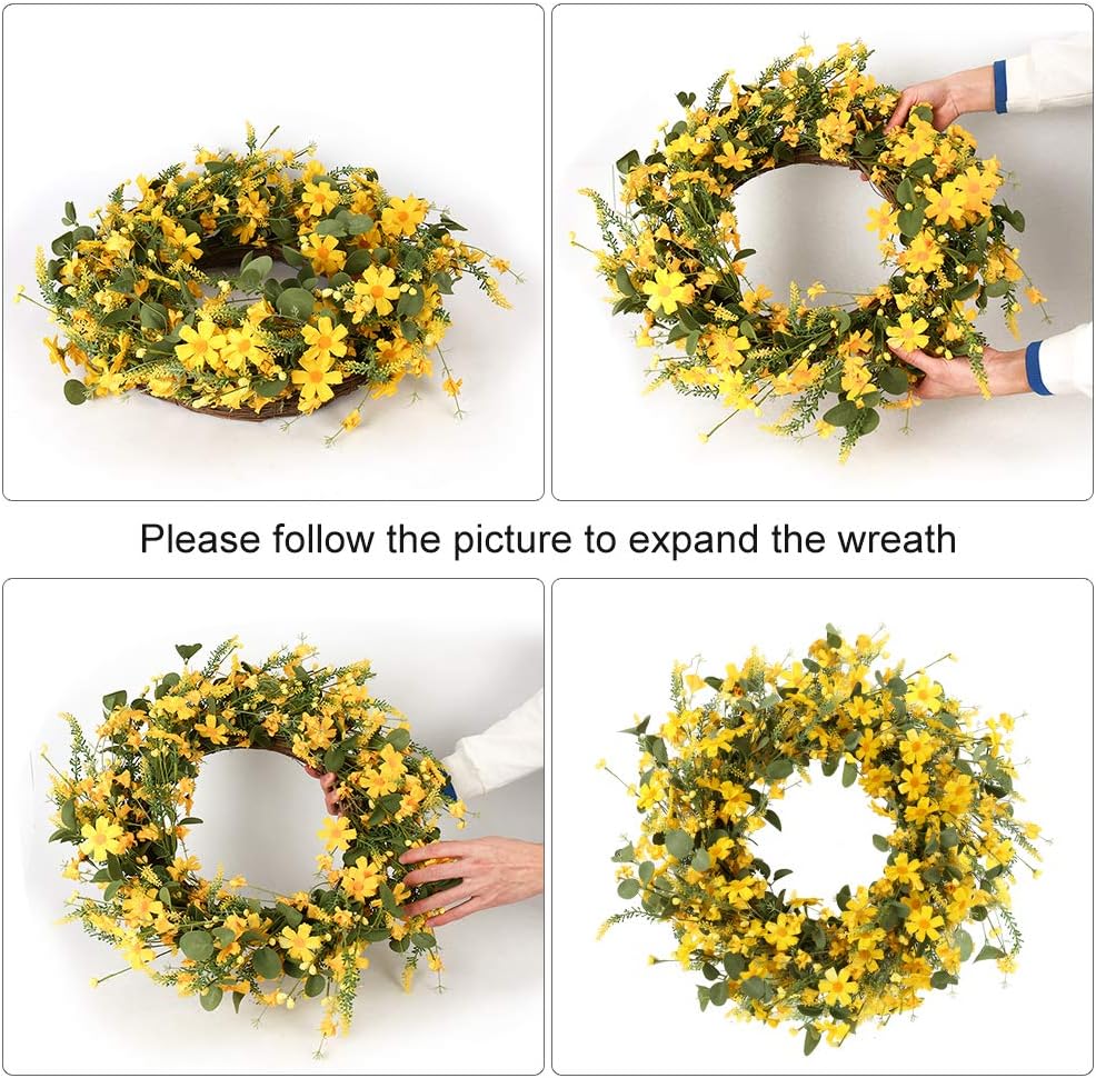 Artificial Spring Wreath 22 Inch Summer Wreaths for Front Door Yellow Daisy Wreath for Indoor Outdoor Home Decor and Easter Celebration