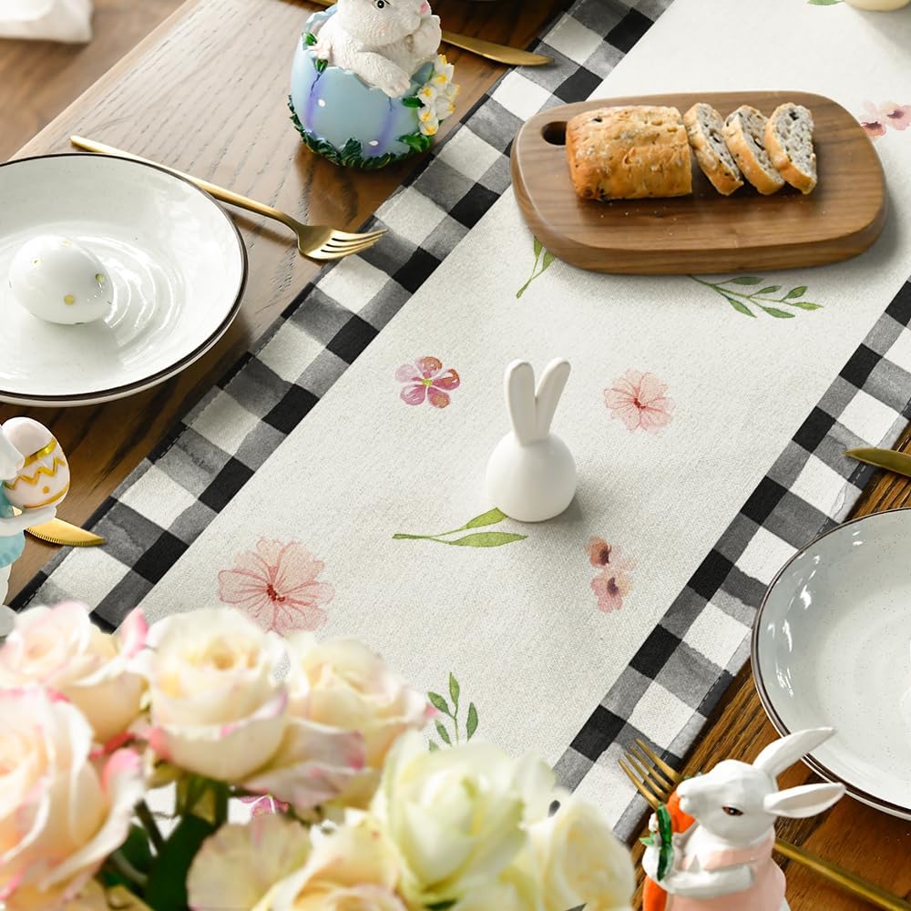 Buffalo Plaid Bunny Ear Foot Flower Easter Table Runner, Seasonal Spring Kitchen Dining Table Decoration for Home Party Decor 13x72 Inch