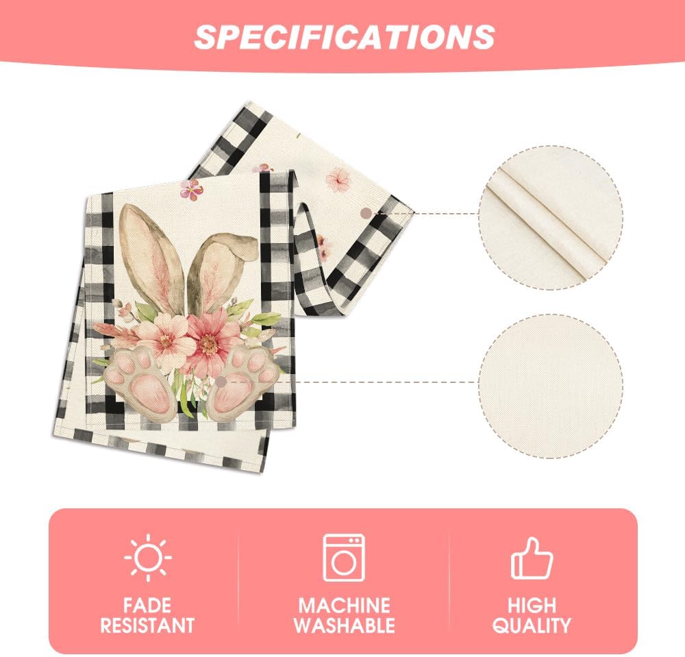 Buffalo Plaid Bunny Ear Foot Flower Easter Table Runner, Seasonal Spring Kitchen Dining Table Decoration for Home Party Decor 13x72 Inch