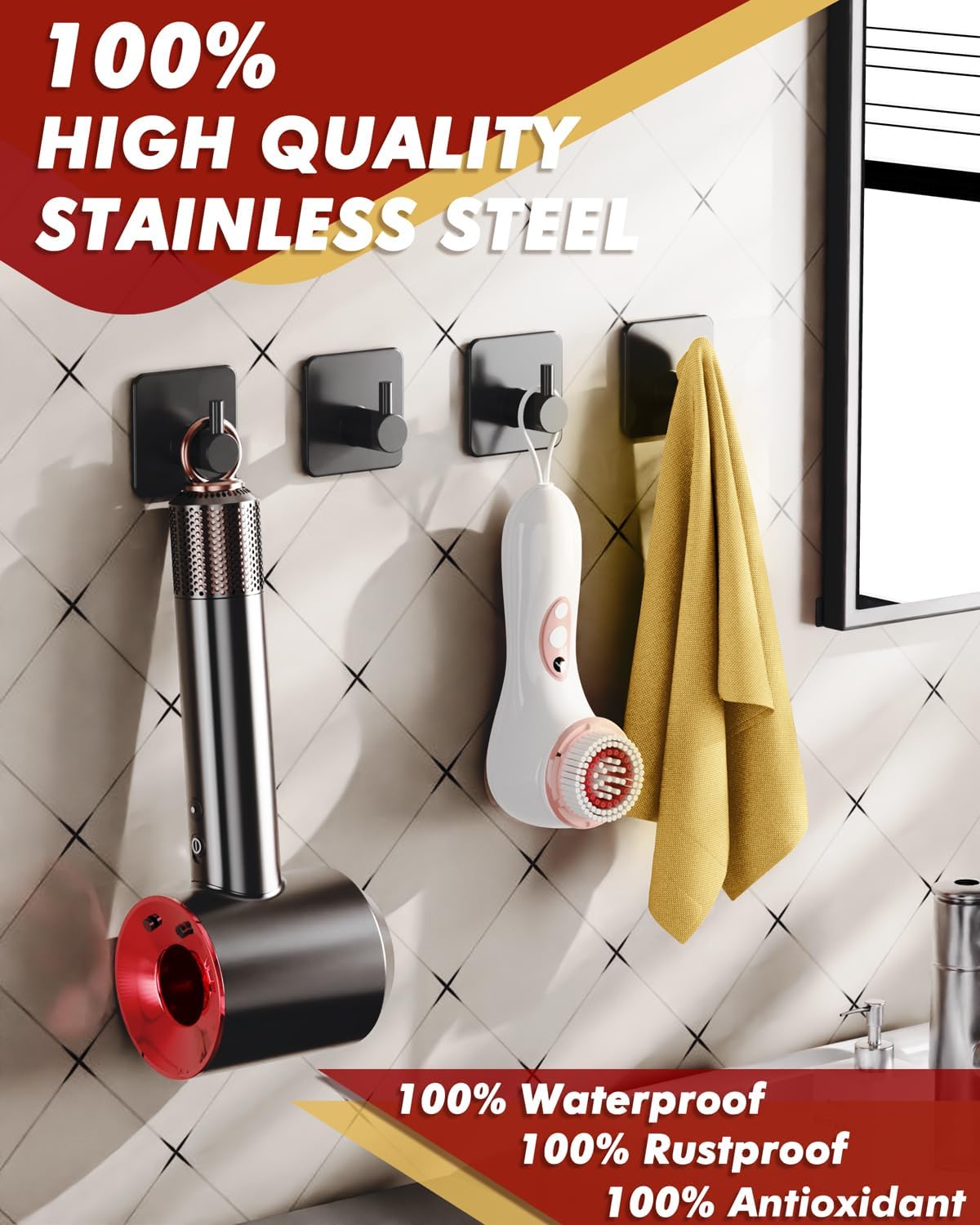 Adhesive Hooks Heavy Duty 22lb Max Towel Hooks for Shower, 5 Pack Self Adhesive Damage Free Wall Hooks, Stainless Steel for Coat Robe, Waterproof Oilproof Rustproof for Bathroom Kitchen Office