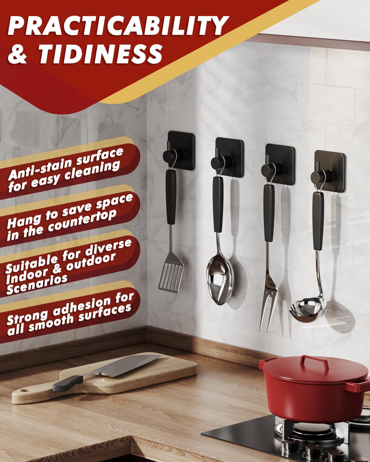 Adhesive Hooks Heavy Duty 22lb Max Towel Hooks for Shower, 5 Pack Self Adhesive Damage Free Wall Hooks, Stainless Steel for Coat Robe, Waterproof Oilproof Rustproof for Bathroom Kitchen Office
