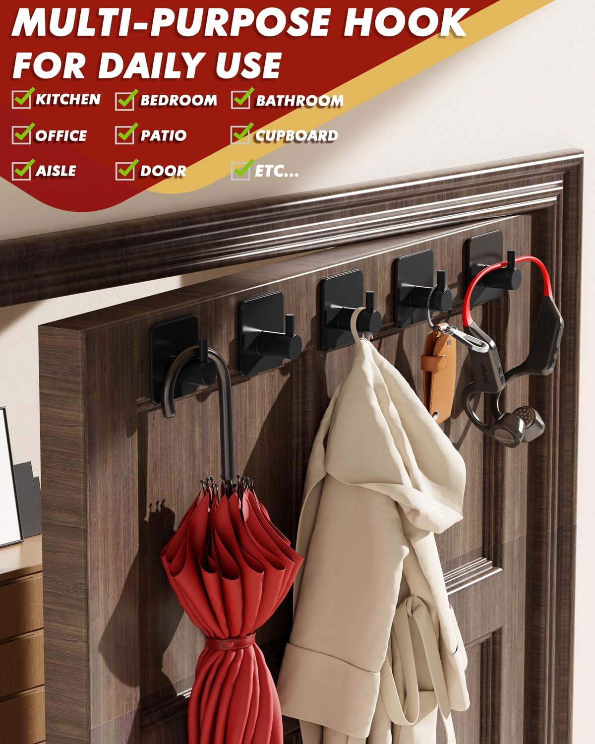 Adhesive Hooks Heavy Duty 22lb Max Towel Hooks for Shower, 5 Pack Self Adhesive Damage Free Wall Hooks, Stainless Steel for Coat Robe, Waterproof Oilproof Rustproof for Bathroom Kitchen Office