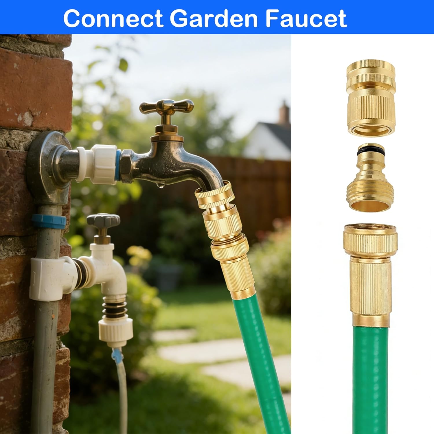 Garden Hose Quick Connector, Solid Brass 3/4 Inch GHT Thread Garden Quick Connect Kit, Male and Female No-Leak Water Hose Fittings 4 Set