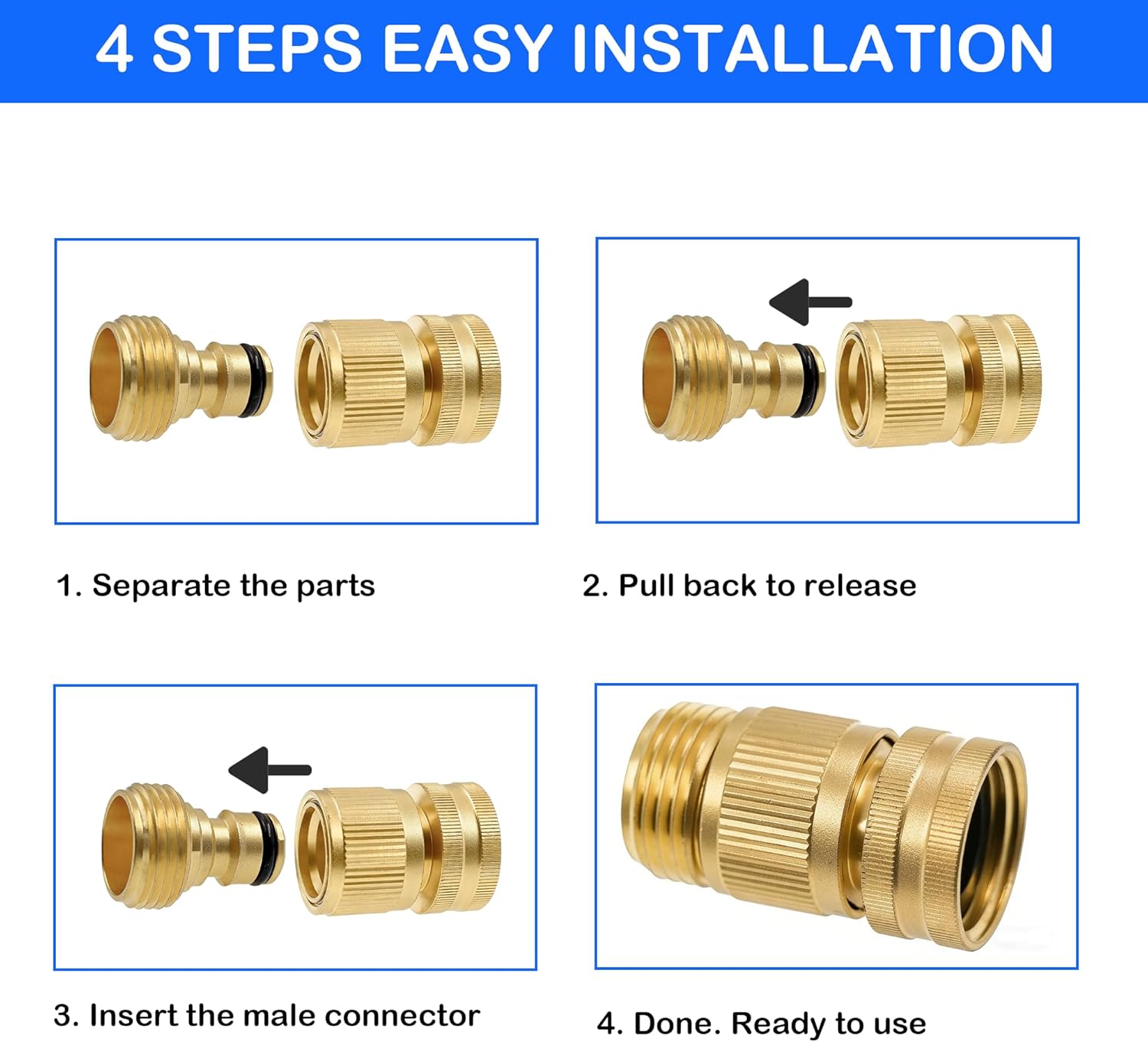Garden Hose Quick Connector, Solid Brass 3/4 Inch GHT Thread Garden Quick Connect Kit, Male and Female No-Leak Water Hose Fittings 4 Set