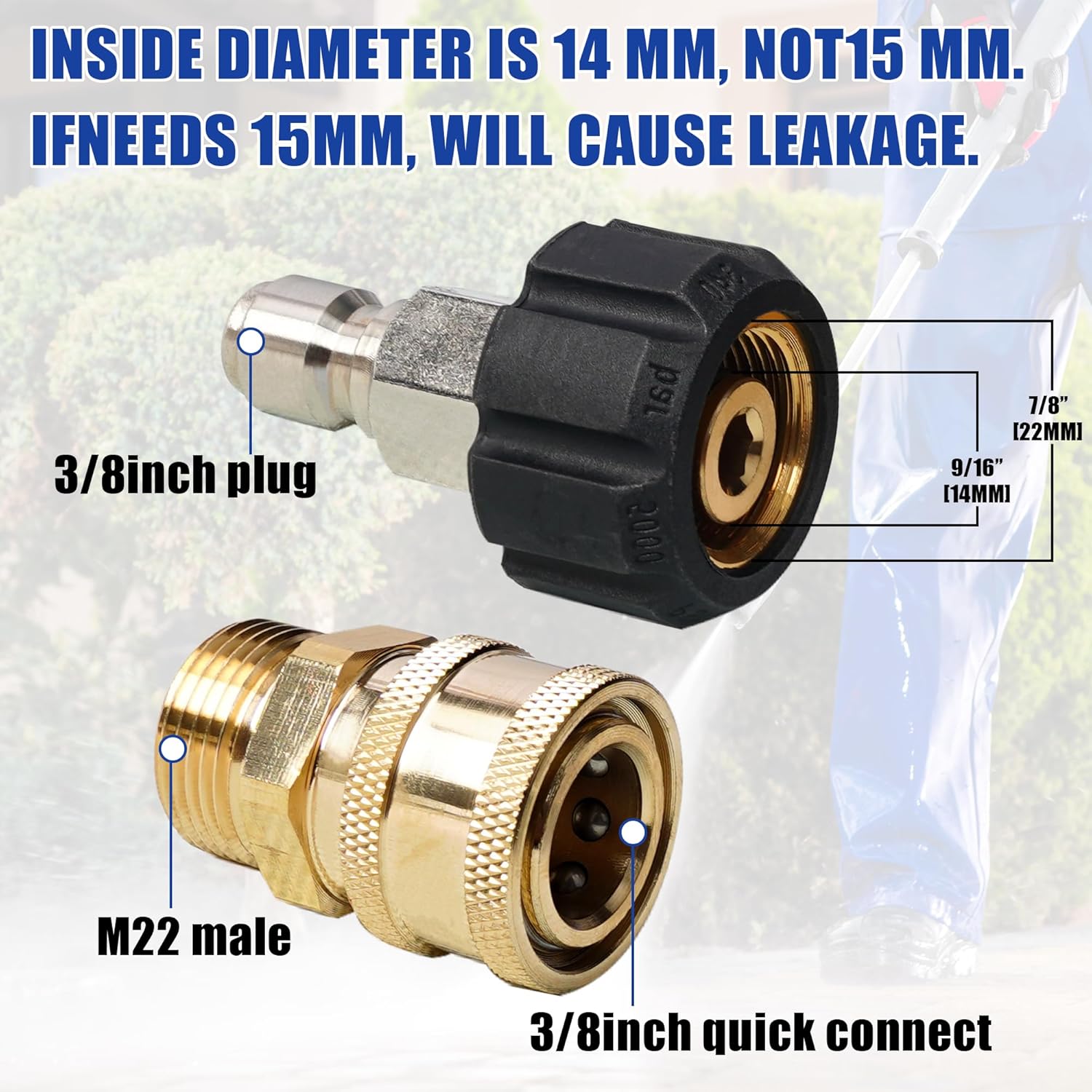 Pressure Washer Quick Connect Fittings, M22 14mm to 3/8 Inch Quick Connector Power Washer Adapter, 2 Set